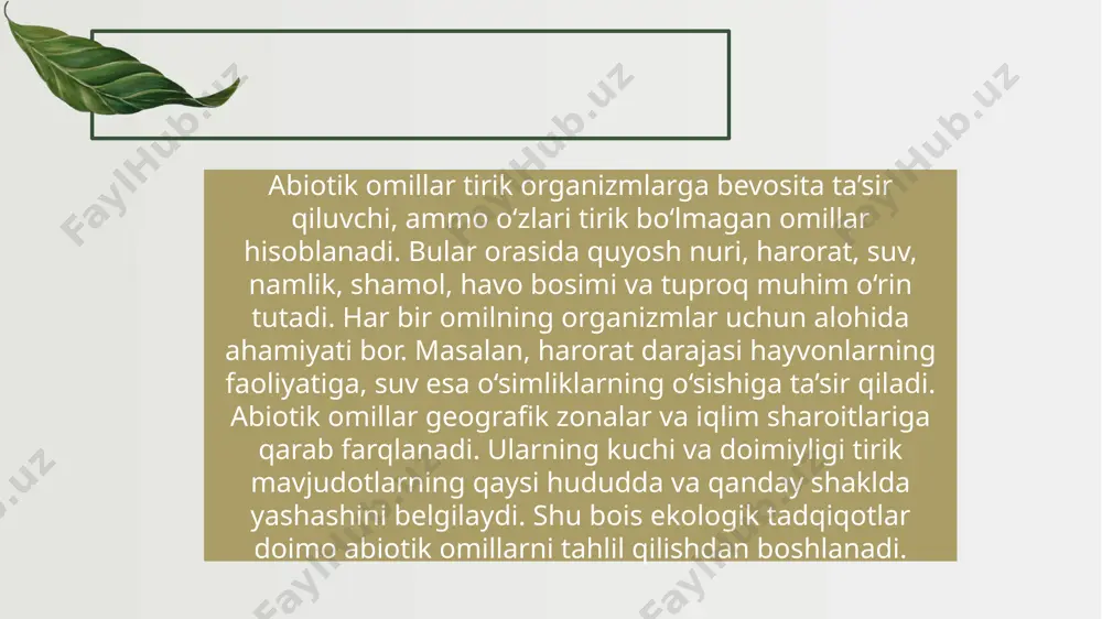 sonining keskin o‘zgarishi butun ekotizimga salbiy ta’sir ko‘rsatishi mumkin. shu sababli ularning roli ekologik omillar ichida juda muhim hisoblanadi. hayvonlarning ekologik vazifasi mikroorganizmlar ko‘zga ko‘rinmas bo‘lsa-da, ekologik tizimlarda ulkan ahamiyatga ega. ular organik moddalarning parchalanishiga sabab bo‘lib, tuproqni unumdor qiladi. azot aylanishi, karbonat aylanishi kabi jarayonlarda mikroorganizmlar faol qatnashadi. ba’zi bakteriyalar o‘simlik ildizlari bilan hamkorlikda yashaydi va ularni oziqlantiradi. mikroorganizmlar ifloslanishni kamaytirishda, chiqindilarni parchalashda ham xizmat qiladi. shu bilan birga, ayrim mikroorganizmlar kasallik keltirib chiqaruvchi omillar ham bo‘lishi mumkin. ularning ijobiy va salbiy roli ekologik tizim muvozanatini belgilaydi. mikroorganizmlarning o‘rni thank you image1.png image2.png
