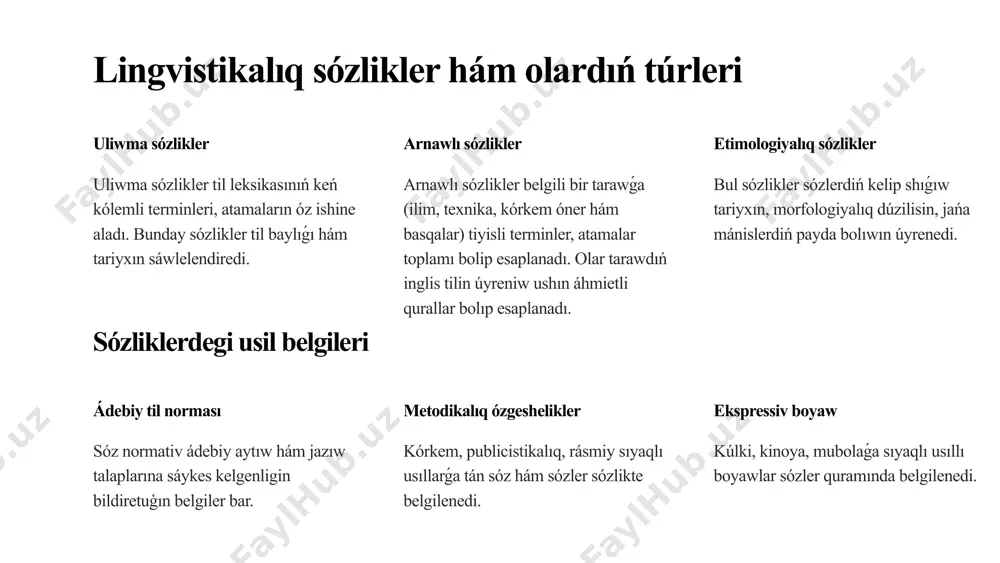 patında beriledi. 9 sózlik maqalası dúzilisi 1 sóz jazılıwı sózlik maqalası sózdiń duris jazılıwınan baslanadı. bul ádette bas háripler menen beriledi. 2 grammatikalıq maǵlıwmatlar sózdiń grammatikalıq ózgeshelikleri (qaysı sóylew bólimi ekenligi, túri, túrleniwi sıyaqlı) de keltiriledi. 3 etimologiyalıq maǵlıwmatlar sóz kelip shıǵıwına baylanıslı maǵlıwmatlar sózlik maqalasınıń áhmietli bólegin quraydı. 10 sózliklerdegi grammatikalıq magliwmatlar at at sóz toparına tiyisli sózlerdiń grammatikalıq ózgeshelikleri (túrleniwi, kóplik, kelisimleri) sózliklerde beriledi. fe'l feyillerdiń grammtikalıq túrleri (qatnasları, shaxs-san qosımshaları, waqıcha hám meyil formaları) sózlik maqalasında kórsetiledi. sifat sıpatlardıń dárejeleri (ápiwayı, salıstırmalı, ótkermeli) hám túrleniwi sózlikte járıplanadı. ravish ravishlerdiń dárejesi (ápiwayı, salıstırmalı, arttırmalı) sózliklerde beriledi. 11 sózliklerdegi etimologiyalıq magliwmatlar áyyemgi til sózliklerde sózlerdiń áyyemgi hám orta ásirlerdegi mánisi hám aytıw ózgeshelikleri keltiriledi. omonim sózler birdey jazılıwı, aytılıwı, biraq túrli mánisleri bolgan sózler omonim dep ataladı. sózliklerde olar ajıratıp kórsetiledi. sóz dúziw sózliklerde sózlerdiń morfemalar járdeminde payda boliwi, qaysı sóz toparları tiykarında payda bolganlıǵı da kórsetiledi. 12 grammatikalıq …