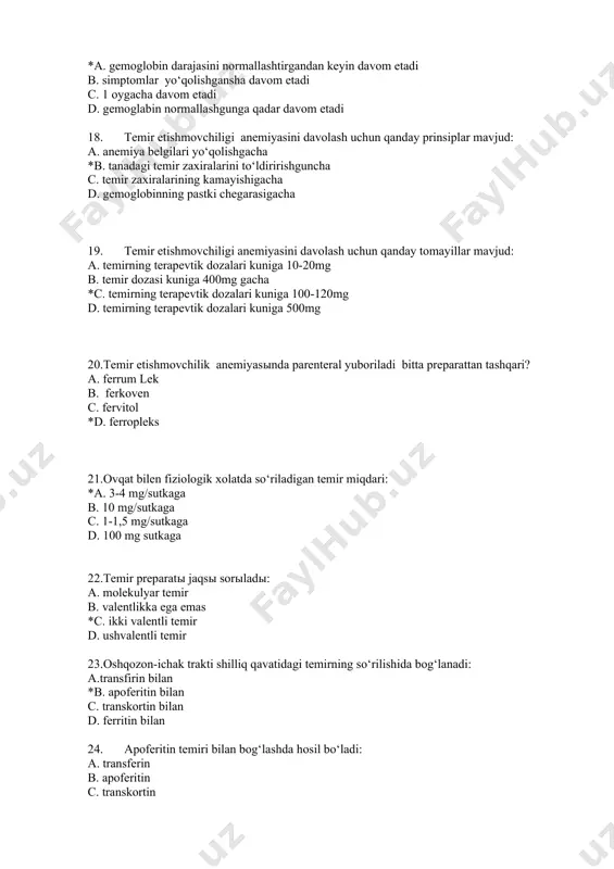 hqozon fermentlari *b. askorbin kislotasi s xlorid kislotasi d. safro 27. temirning yanada samarali so‘rilishini taminlaydi: a. foliy kislotasi b. xlorid kislotasi *c. α-aminokislota serin d. vitamin b 12 28. temiri preparatlari yaxshi so‘riladi: *a. och qoringa b. ovqatdan keyin s sut bilan d. ovqat paytida 29. 12 soatda mushak ichiga kiritilganda ferbitolning qancha foizi so‘riladi: a. 10% *b. 85% c. 20% d. 50% 30. ferkovenning qancha foizi tomir ichiga yuborilganda o‘zlashtiriladi: *a. 90% b. 10% c. 50% d. 60% 31. temirning parenteral kiritilishidan keyin eritrotsitlarda qancha vaqtda aniqlanadi: a. bir soat ichida b. 2-3 soatda c. 12-24 soatda* d. 30minutda 32.temir preparatlarini parenteral yuborish uchun ko‘rsatma: a. arterial gipotenziya *b. enteritning og‘ir darajasida c. taxikardiyada d. pankriatitda 33. temir preparatlarini parenteral yuborish uchun ko‘rsatma: a. qabiyat b. arterial gipotenziya c. taxikardiya *d. yarali kolit 34. temir preparatlarini parenteral yuborish uchun ko‘rsatma: a. yurak etishmovchiligi b. xoletsistitning kuchayishi *c. peptik …