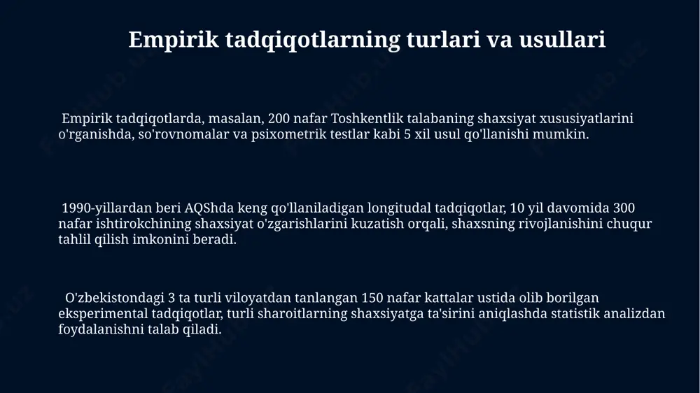 asalan, toshkentdagi 100 nafar talaba ustida olib borilgan tadqiqotda, anonimlik va ma'lumotlarning konfidentsialligi muhim ahamiyatga ega. 2000-yillardan boshlab o'zbekistondagi psixologik tadqiqotlarda ishtirokchilarning xabardor roziligini olish va ma'lumotlarning maxfiyligini ta'minlash bo'yicha 5 tadan ortiq qat'iy ko'rsatmalar joriy etildi. shaxsiyatning turli darajalarini o'rganish usullari shaxsiyatning neyrobiologik asoslarini o'rganishda, 10-20 nafar ishtirokchi bilan o'tkazilgan funktsional magnit-rezonans tomografiya (fmri) tadqiqotlari natijalari germaniyaning myunxen shahridagi laboratoriyalarda tahlil qilinadi. shaxsiyatning turli darajalarini o'rganishda, masalan, 5 omilli shaxsiyat modeli (big five) yordamida aqsh va kanada kabi mamlakatlarda keng miqyosli psixometrik testlar qo'llaniladi. biografik ma’lumotlarni tahlil qilish orqali, 100 dan ortiq tarixiy shaxslarning hayot yo'llari, masalan, buyuk britaniyaning londondan olingan ma'lumotlar asosida, shaxsiyatning rivojlanish bosqichlarini o'rganish mumkin. kross-madaniy tadqiqotlar va ularning ahamiyati yaponiya va aqshda o'tkazilgan tadqiqotlar, 300 dan ortiq ishtirokchini qamrab olgan holda, turli madaniyatlarda shaxsiyatning o'ziga xos xususiyatlari va ularning ijtimoiy munosabatlarga ta'sirini ko'rsatib beradi. 200 dan ortiq madaniyatni o'z ichiga olgan kross-madaniy tadqiqotlar, masalan, xitoy …