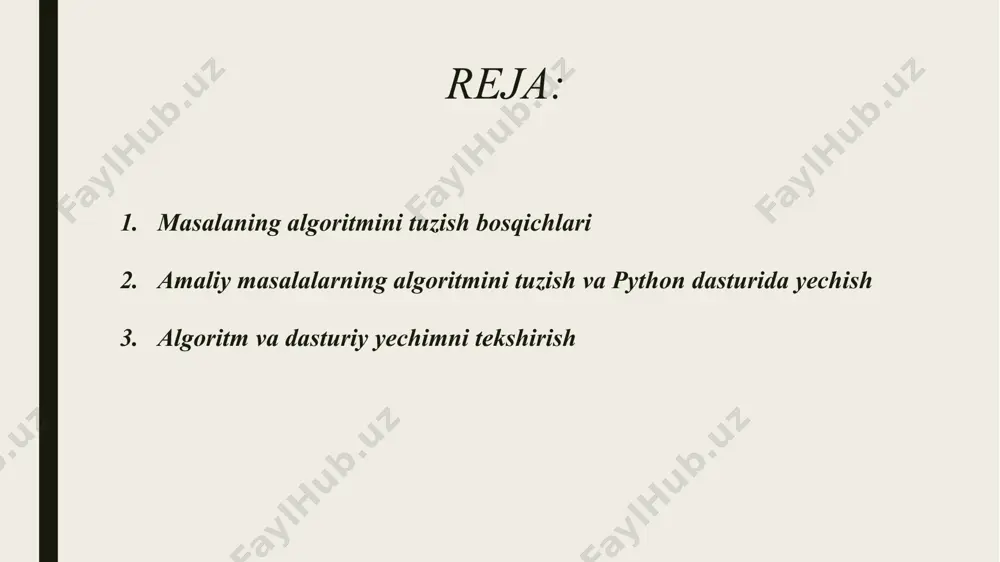 sturlash tili orqali (masalan, python). masalalarning algoritmlarini tuzish bosqichlari masalani to‘liq tushunib olish. kirish va chiqish ma’lumotlarini aniqlash. yechim uchun zarur amallar ketma-ketligini tuzish. algoritmni blok-sxema yoki psevdokod shaklida ifodalash. shu algoritm asosida dasturlash tilida kod yozish. dastur ishlashini tekshirish. turli misollar misol 1: uchta sondan eng kattasini aniqlash algoritm: boshlash a, b, c sonlarini kirit agar a > b va a > c bo‘lsa → eng katta = a aks holda agar b > c → eng katta = b aks holda eng katta = c natijani chiqar tugatish python dasturi: a = int(input("1-sonni kiriting: ")) b = int(input("2-sonni kiriting: ")) c = int(input("3-sonni kiriting: ")) if a >= b and a >= c: eng_katta = a elif b >= a and b >= c: eng_katta = b else: eng_katta = c print("eng katta son:", eng_katta) xulosa masalalarning algoritmini tuzish — bu muammoni bosqichma-bosqich hal qilishni o‘rgatadi. python dasturlash …