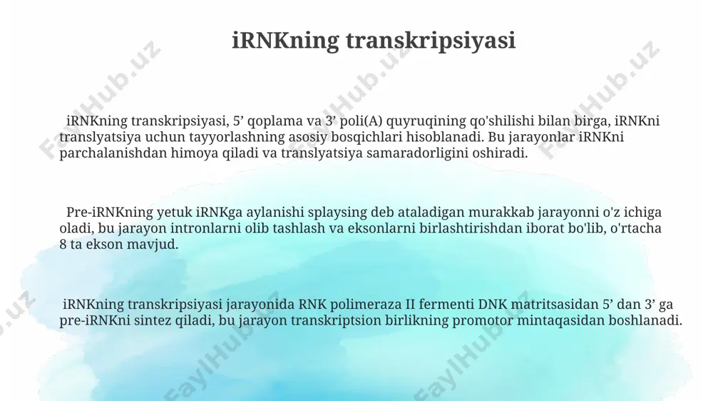 mining uzunligi uning yarim hayot davomiyligiga va tarjima samaradorligiga taʼsir qiladi, odatda 200 nuqtaga yaqin. irnk eksport kompleksi taxminan 100 dan ortiq turli oqsillardan tarkib topadi, ularning har biri transport jarayonining muayyan bosqichida muhim rol o'ynaydi. irnkni yadrodan sitoplazmaga eksport qilish jarayoni taxminan 5 ta asosiy bosqichdan iborat bo'lib, har bir bosqich maxsus oqsillar kompleksi tomonidan tartibga solinadi. irnkni tahrirlash irnkni tahrirlash jarayoni 5' qopqoq va 3' poli(a) dumini qo‘shishni o‘z ichiga oladi, bu esa molekulani parchalanishdan himoya qiladi va tarjima qilish samaradorligini oshiradi. irnkning splaysingi deb ataluvchi jarayon davomida intronlar olib tashlanadi va eksonlar birlashtiriladi, natijada 1000 dan ortiq nukleotidlardan iborat bo‘lishi mumkin bo‘lgan yetuk irnk molekulasi hosil bo‘ladi. mikrornklar (mirnklar) irnklarga bog‘lanib, tarjima qilishni to‘xtatib yoki irnkni degradasiyaga olib kelishi mumkin, bu esa gen ekspressiyasini post-transkripsiyaviy regulyasiyasiga olib keladi. irnkning 5' uchining qayta ishlanishi 5' qopqoq (cap) ning qo'shilishi jarayonida 7-metilguanozin (m7g) nukleotidining pre-irnkning 5' uchiga qo'shilishi, transkripsiyadan …