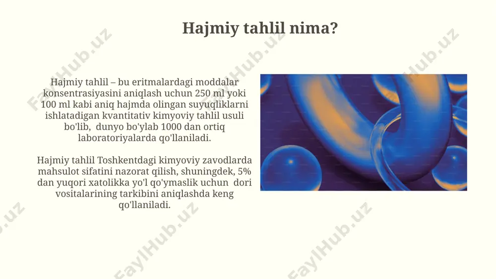 ришни талаб қилади ва бундай ҳисоб-китоблар аналитик химияда, хусусан тошкент шаҳридаги лабораторияларда кенг қўлланилади. normal konsentratsiya 1 n natriy gidroksid (naoh) eritmasini tayyorlash uchun 40 gramm naoh ni suvda eritib, 1 litrli o'lchov kolbasiga to'ldirish kerak. bu reaksiyalarda 1 mol naoh 1 mol h+ bilan reaksiyaga kirishadi. normal konsentratsiya eritmaning 1 litrida erigan moddaning gramm-ekvivalentlar sonini ifodalaydi, masalan, 1 litrli eritmada 98 gramm sulfat kislota (h₂so₄, molyar massasi 98 g/mol) bo'lsa, uning normal konsentratsiyasi 2 n bo'ladi, chunki h₂so₄ ikki proton beradi. titrlash egri chizig'i titrlash egri chizig'ining qiyaligi, 25°c haroratda 10 mmol/l kuchli kislota va kuchli asosning titrlanishida, ekvivalentlik nuqtasiga yaqinlashganda keskin o'zgaradi va bu nuqta aniq aniqlanishi mumkin. titrlash egri chizig'i, masalan, 20 ml 0.1 m hcl eritmasini naoh eritmasi bilan titrlashda, ekvivalentlik nuqtasida ph 7 ga yaqin qiymatni ko'rsatadi, bu esa aniq o'tish nuqtasini bildiradi. cho'kma hosil bo'lish reaksiyalariga asoslangan titrlash 10 ml pb(no3)2 eritmasini k2cro4 eritmasi …