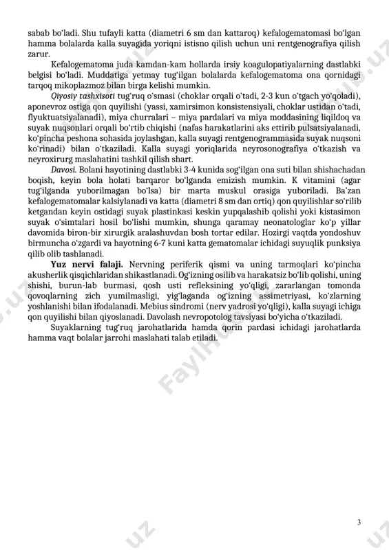 i. to‘sh-o‘mrov-so‘rg‘ichsimon muskul gematomasini tug‘ma muskul bo‘yin qiyshiqligidan farq qilinadi. ayrim hollarda muskulning tug‘ruqqacha fibrozlanishi homila vaziyatining nuqsoni, qog‘onoq suvining kamligi va muskulni ona chanog‘ining suyak qismi bosishi bilan bog‘liq, ba’zan esa suyak-muskul tizimi (umurtqa pog‘onasi, kalla skeleti suyaklari va b.) ning irsiy zararlanishlari ko‘rinishi hisoblanadi. tashxis boshning o‘ziga xos holati, yuz simmetriyasi, to‘sh-o‘mrov- so‘rg‘ichsimon muskulning kaltalashishi va zichlashishi, zararlangan tomonda quloq suprasi o‘lchamlarining kichrayishi aniqlanganda qo‘yiladi. jarayon ikki tomonlama bo‘lganda bosh oldinga egilgan, bo‘yin lordozi kuchaygan, umurtqa pog‘onasining harakatchanligi bo‘yin tomonida chegaralangan bo‘ladi. davolash: boshga to‘g‘rilovchi holatni yaratish (boshning patologik egilishi va yuzning burilishini tugatishga imkon beradigan bolishchalar), quruq issiqlik, fiziodavolash (kaliy yodidi bilan elektroforez), keyinroq massaj. bu tadbirlar naf bermaganda hayotning birinchi yarim yilligida jarrohlik to‘g‘rilash talab etiladi. tug‘ruq o‘smasi – chaqaloq boshi bilan kelganda yoki vakuum-ekstraktor qo‘yilgan joyda, bosh yumshoq to‘qimalarining shishi, aksariyat ko‘kimtir, petexiyalari va ekximozlari ko‘p, giperbilirubinemiyaga sabab bo‘lishi mumkin. davolash talab qilmaydi, chunki u …