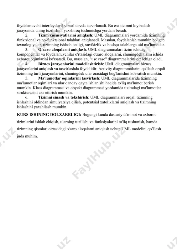 t tizimlari, tizimning tarkibi va uning o'zaro aloqalarini tasvirlashda ishlatiladi. uml diagrammalari tizimni o'rganish, loyihalash, rejalashtirish va hujjatlashtirish jarayonlarida keng qo'llaniladi. uml modeli tizimning turli qismlarini vizual tarzda ifodalashga yordam beradi, bu esa jamoa a'zolari va loyiha manfaatdor tomonlariga tizimni yaxshiroq tushunishga imkon yaratadi. uml (unified modeling language) modeli axborot tizimlarini loyihalashda keng qo‘llaniladigan texnologiyalar bo‘lib, u tizimning turli komponentlari va ularning o‘zaro aloqalarini tasvirlashda yordam beradi. uml dasturiy ta’minot va tizimlarni modellashda, loyiha rejalashtirishda, tizimni ishlab chiqish va sinovdan o‘tkazishda samarali vosita sifatida ishlatiladi. axborot tizimlarini loyihalashda uml modellarining turli diagrammalari qo‘llanadi. quyida uml modelining asosiy diagrammalari va ularning axborot tizimlarini loyihalashdagi o‘rni keltirilgan. 1.1 use case diagram (ish holati diagrammasi). ish holati diagrammasi (use case diagram) — bu tizimning funktsiyalarini (ish holatlarini) va foydalanuvchilar (akterlar) bilan o'zaro munosabatlarini ko'rsatadigan diagrammadir. uml (unified modeling language) da ishlatiladi va tizimning qanday ishlashini tushunishda yordam beradi. ish holati diagrammasining asosiy elementlari: …