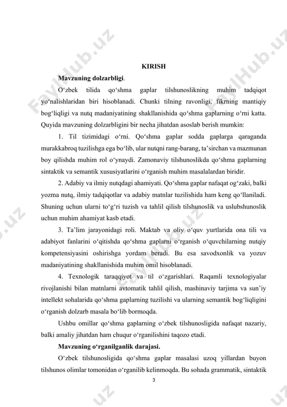 yangi zamonaviy yondashuvlar orqali o‘rganilishi davom etmoqda. kurs ishining obyekti va predmeti. 1. tadqiqot obyekti o‘zbek tilidagi qo‘shma gaplar va ularning grammatik, sintaktik hamda semantik xususiyatlari ushbu mavzuning tadqiqot obyekti hisoblanadi. bunda turli xil qo‘shma gaplarning tuzilishi, ularning bog‘lanish usullari va matndagi o‘rni o‘rganiladi. 2. tadqiqot predmeti. ushbu mavzuda qo‘shma gaplarning quyidagi jihatlari asosiy tadqiqot predmeti sifatida ko‘rib chiqiladi: qo‘shma gaplarning tuzilishi va turlari (bog‘langan, bog‘lanmagan, ergashgan) qo‘shma gaplarning sintaktik va semantik bog‘liqlik xususiyatlari qo‘shma gaplarning funksional-uslubiy xususiyatlari zamonaviy lingvistikadagi qo‘shma gaplarning ahamiyati va qo‘llanilishi ushbu ob'ekt va predmet doirasida mavzu chuqur tahlil qilinadi va ilmiy asoslanadi. kurs ishining maqsadi va vazifalari. 1. tadqiqot maqsadi. ushbu mavzuni o‘rganishdan asosiy maqsad – o‘zbek tilida qo‘shma gaplarning grammatik, sintaktik va semantik xususiyatlarini tahlil qilish, ularning nutq va matndagi o‘rnini aniqlash hamda qo‘llanilish qonuniyatlarini ilmiy asoslashdir. 2. tadqiqot vazifalari. maqsadga erishish uchun quyidagi vazifalar bajariladi: qo‘shma gap tushunchasini aniqlash va uning sodda gapdan …