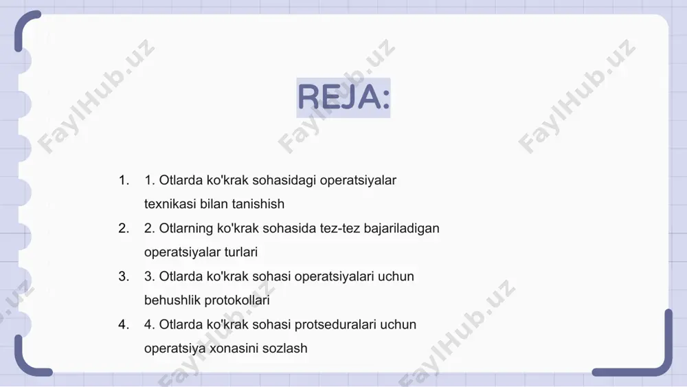 rish uchun mahorat va aniqlikni talab qiladi. 3. otlarda ko'krak sohasi operatsiyalari uchun behushlik protokollari otlarning ko'krak sohasida operatsiyalarni bajarishda to'g'ri behushlik protokollari juda muhimdir. ushbu protokollar protsedura davomida hayvonning xavfsizligi va qulayligini ta'minlaydi. ko'krak sohasidagi operatsiyalarda behushlik otning hayotiy belgilarini diqqat bilan kuzatishni talab qiladi. otning o'ziga xos ehtiyojlaridan kelib chiqqan holda anestetik dorilarni moslashtirish ham muhimdir. otlarda ko'krak mintaqasidagi operatsiyalar uchun tez-tez ishlatiladigan behushlik protokollari xavflarni minimallashtirish bilan birga optimal natijalarga erishish uchun sedativlar, analjeziklar va mushak gevşeticilarning kombinatsiyasini o'z ichiga oladi. 4. otlarda ko'krak sohasi protseduralari uchun operatsiya xonasini sozlash operatsiya xonasida otlarda ko'krak mintaqasi protseduralarini o'rnatish xavfsiz va samarali operatsiyani ta'minlash uchun juda muhimdir. birinchidan, barcha kerakli asbob-uskunalar va jihozlar tashkil etilgan bo'lishi va jarrohlik guruhiga oson kirishi kerak. bundan tashqari, operatsiya stoli otning ko'krak qismiga oson kirish imkonini beradigan tarzda joylashtirilishi kerak. 5. otlarda ko'krak sohasi operatsiyalarida ishlatiladigan umumiy asboblar va asboblar otlarda ko'krak sohasidagi …