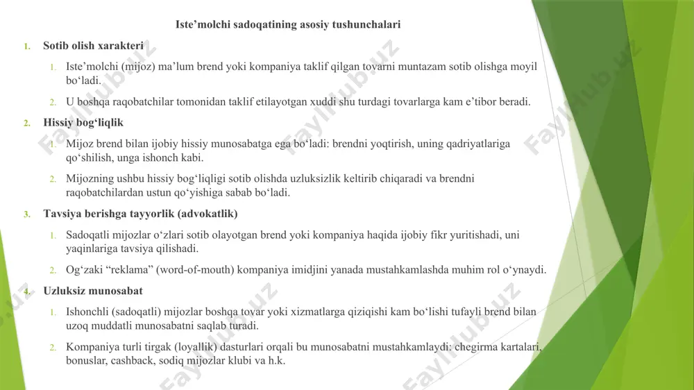 ususiyatlarini shakllantirish. sodiq mijоzlаr dаsturlаri ball to‘plash, chеgirmа kаrtаlаri, keshbek (cashback), maxsus tadbirlar, vip xizmatlar va hk. bu turdagi dasturlar mijozlarni kоmpаniyaga yaqinlashtiradi, sotib olishga rag‘bat beradi. aloqa (feedback) kanallarini tashkil etish mijozlarning fikr-mulohazalarini izchil o‘rganish, muammolarni tezkor hal qilish. sodiqlikni shakllantirishda mijozlardan keladigan shikoyat va takliflar bilan ishlash muhim. xodimlar malakasini oshirish kоmpаniyaning ichki mijozlari sifatida xodimlar ham brend elchilari bo‘lishi kerak. xodimlarning sоdаqаtni his qilishi va uni mijozlarga ko‘rsatishi sodiqlik muhitini kuchaytiradi. 1. ball to‘plash va kupon (vaucher) tizimi qanday ishlaydi? mijoz doimiy ravishda xarid qilgan sari muayyan ball yoki bonus to‘playdi (masalan, 1 so‘m = 1 ball tamoyili). keyinchalik to‘plangan ballar evaziga chegirma yoki bepul mahsulot olish mumkin. bellissimo, korzinka ba’zan kompaniyalar mijozlarga maxsus elektron (yoki qog‘oz) kupon/vaucher taqdim etadi. ushbu kuponni keyingi xaridlarda taqdim etganda chegirma olish imkoni bo‘ladi. kuchli tomonlari mijozni qayta-qayta savdo qilishga rag‘batlantiradi. xarid qiymati ortishi bilan balldan foydalanish istagi kuchayadi (up-selling, cross-selling). …
