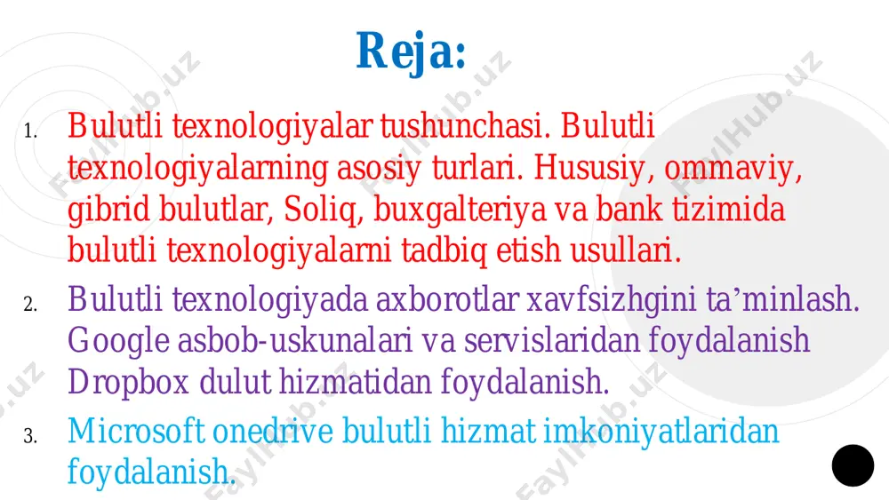 z sur’atlar bilan rivojlana boshladi. 2009-yilda google apps ilovalari ishga tushirilishi targ‘ib qilishdi va bulutli hisoblashni anglashda navbatdagi muhim qadam sifatida nishonlanadi. 2009-2011-yillarda bulutli hisoblash kontseptsiyalarining bir qancha muhim holatlari shakllantirildi, xususan, tashkilotlarda foydalanish uchun mos bo‘lgan shaxsiy bulutli hisoblash modeli ilgari surildi, - storage- as - a - service (saas), process-as-a-ser- vice (paas), information-as-a-service (iaas) kabi turli xil xizmat modellari ajrala boshladi. so‘nggi paytlarda tadqiqotchilar va ilmiy muassasalar bulutli hisoblashga jiddiy qiziqish bildirmoqdalar. bulutli joylashtirish modellari. joylashtirish modeliga ko‘ra, bulutlar xususiy, ommaviy va gibridga bo‘linadi . xususiy bulut (private cloud). bular ichki bulut infratuzilmasi va korxona xizmatlari. ushbu bulutlar korporativ tarmoq ichida joylashadi. tashkilot shaxsiy bulutni mustaqil ravishda boshqarishi yoki tashqi pudratchiga boshqaruvni tayinlashi mumkin. ommaviy bulut (public cloud). bu provayder tomonidan taqdim etilgan bulutli xizmatlar. bulutlar korporativ tarmoqdan tashqarida joylashgan. foydalanuvchilar ushbu bulutni boshqarish yoki unga xizmat ko‘rsatish imkoniyatiga ega emaslar - bar- cha javobgarlik bulut egasiga yuklatiladi. …