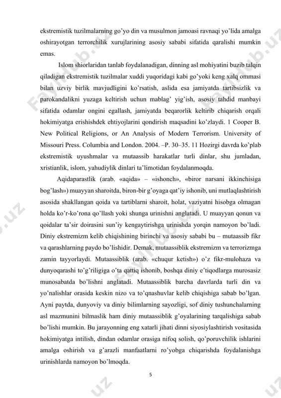 astlik (arab. «aqida» – «ishonch», «biror narsani ikkinchisiga bog’lash») muayyan sharoitda, biron-bir g’oyaga qat’iy ishonib, uni mutlaqlashtirish asosida shakllangan qoida va tartiblarni sharoit, holat, vaziyatni hisobga olmagan holda ko’r-ko’rona qo’llash yoki shunga urinishni anglatadi. u muayyan qonun va qoidalar ta’sir doirasini sun’iy kengaytirishga urinishda yorqin namoyon bo’ladi. diniy ekstremizm kelib chiqishining birinchi va asosiy sababi bu – mutaassib fikr va qarashlarning paydo bo’lishidir. demak, mutaassiblik ekstremizm va terrorizmga zamin tayyorlaydi. mutaassiblik (arab. «chuqur ketish») o’z fikr-mulohaza va dunyoqarashi to’g’riligiga o’ta qattiq ishonib, boshqa diniy e’tiqodlarga murosasiz munosabatda bo’lishni anglatadi. mutaassiblik barcha davrlarda turli din va yo’nalishlar orasida keskin nizo va to’qnashuvlar kelib chiqishiga sabab bo’lgan. ayni paytda, dunyoviy va diniy bilimlarning sayozligi, sof diniy tushunchalarning asl mazmunini bilmaslik ham diniy mutaassiblik g’oyalarining tarqalishiga sabab bo’lishi mumkin. bu jarayonning eng xatarli jihati dinni siyosiylashtirish vositasida hokimiyatga intilish, dindan odamlar orasiga nifoq solish, qo’poruvchilik ishlarini amalga oshirish va g’arazli manfaatlarni ro’yobga chiqarishda …