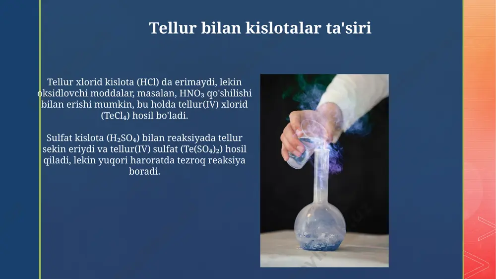 masalan, konsentrlangan nitrat kislota (hno₃) ta'sirida +6 oksidlanish darajasiga, teo₃ gacha oksidlanishi mumkin. e'tiboringiz uchun rahmat @taqdimot_robot image4.jpg image5.jpg image6.jpg image7.jpg image8.jpg image9.jpg image10.jpg image11.jpg image12.jpg image13.jpg image14.jpg image15.jpg image16.jpg image17.jpg image18.jpg image19.jpg image20.jpg image2.png image3.png