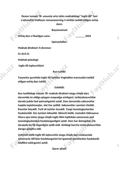 vegitables mavzusida tashkil etilgan ochiq dars tahlili — DOC