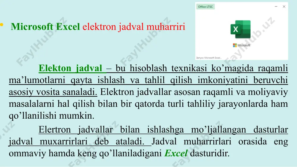 kcha faol (aktiv) yacheyka deyiladi. bir ishchi varog’ida 16834 ta ustun mavjud bo’lib ular lotin alifbosining harflari bilan nomlangan. ishchi varoqdagi satrlar soni 1048576 ta bo’lib ular o’z tartib raqamiga ega. ko’p o’zgaradigan ma’lumotlarni qayta ishlash; yaratilgan yoki tahrirlangan formulani boshqa kataklarda qo’llash; diagrammalar yaratish; arifmetik va geometrik progressiyalarni avtomatik qo’llash; bir vaqtda bir nechta oynalar, ishchi varaqlarda ishlash; ma’lumotlar bazasida ishlash; ma’lumotlarni import va eksport qilish va boshqalar. har bir yacheykaga 32000 tagacha belgidan iborat ma’lumot kiritish mumkin (tavsiya qilingan belgilar 256 ta) microsoft excel ning qo’shimcha imkoniyatlari dasturni ishga tushirish. 1. windows ishchi stolida excel nomli yorliq bo’lsa, ushbu yorliqqa sichqoncha ko’rsatgichi olib boriladi va ikki marta ketma-ket chap tugmachasi bosiladi. 2. ishchi stolidagi excel yorligiga ko’rsatgich keltirilib sichqoncha o’ng tugmasini bosish orqali kontekst menyuni chiqarish va «открыть» buyrug’ini tanlash orqali dastur ishga tushiriladi. 3. dasturda yaratilgan fayllarga murojaat qilish orqali. 4. windows asosiy menyusidan пуск→все программы→microsoft office→microsoft …