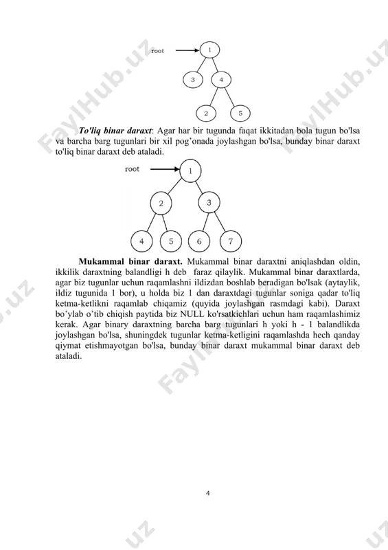 raxt ustuda bajariladigan amallar asosiy amallar: • daraxtga element qo’shish; • daraxtdan elementni olib tashlash; • daraxtdan elementni qidirish; • daraxt bo’ylab o’tib chiqish. yordamchi amallar: • daraxtning o‘lchamini aniqlash; • daraxtning balandligini aniqlash; . maksimal yig'indili pog’onani aniqlash; • berilgan tugunlar juftligi uchun eng kichik umumiy ajdodni (lca) topish. binar daraxt ilovalari quyida binar daraxtlar muhim rol oʻynaydigan baʼzi ilovalar keltirilgan: • sintaksis tahlil daraxtlari kompilyatorlarda qoʻllaniladi; • ma'lumotlarni siqish algoritmlarida qo'llaniladigan haffman kodlash daraxtlari; • o(logn) (o'rtacha) operatsiyalarida elementlarni qidirish, kiritish va o'chirishni qo'llab-quvvatlaydigan ikkilik qidiruv daraxti (bst); • logarifmik vaqt (eng yomon holat) ichida elementlar to'plamidan minimal (yoki maksimal) elementni topish va o'chirishni qo'llab-quvvatlaydigan priority queue (pq). ikkilik daraxtni o’tib chiqish (oбход) daraxt bo’ylab o’tib chiqish uchun bizga daraxt bo’ylab o'tish mexanizmi kerak bo’ladi. daraxtning barcha tugunlariga tashrif buyurish jarayoni daraxt bo’ylab o'tish deb ataladi. har bir tugun faqat bir marta qayta ishlanadi, lekin unga bir necha …