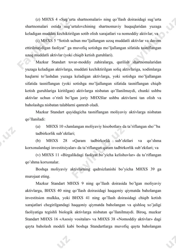 n qo’llaniladi. aktivning haqqoniy qiymati bilan uning chiqib ketish xarajatlari chegirilgandagi haqqoniy qiymati o’rtasidagi yagona farq aktivning chiqib ketishiga tegishli bevosita qo’shimcha xarajatlardir. (a) agarda chiqib ketish xarajatlari sezilarsiz bo’lsa, qayta baholangan aktivning qoplanadigan qiymat uning qayta baholangan qiymatiga yaqinroq, yoki undan ko’proq, bo’ladi. bunday holatda, qayta baholash talablari qo’llanilgandan so’ng, qayta baholangan aktiv qadrsizlangan bo’lish ehtimoli mavjud emas va qoplanadigan qiymatning baholanishi shart emas. (b) agarda chiqib ketish xarajatlari sezilarsiz bo’lmasa, qayta baholangan aktivning chiqib ketish xarajatlari chegirilgandagi haqqoniy qiymati uning haqqoniy qiymatidan kamroq bo’ladi. shu tufayli, qayta baholangan aktiv qadrsizlanadi, agarda uning foydalanishdagi qiymati uning qayta baholangan qiymatidan kamroq bo’lsa. bunday holatda, qayta baholash talablari qo’llanilgandan so’ng, tadbirkorlik sub’ekti ushbu standartni aktiv qadrsizlangan bo’lishi mumkinligini aniqlash uchun qo’llaydi. aktiv qadrsizlangan bo’ladi, qachonki uning balans qiymati uning qoplanadigan qiymatdan oshsa. agarda ushbu ishoralardan biri mavjud bo’lsa, tadbirkorlik sub’ektidan qoplanadigan qiymatning rasmiy baholanishini aniqlash talab etiladi. standart tadbirkorlik sub’ektidan qoplanadigan …