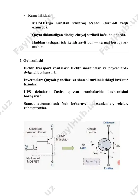 aradi, lekin boshqaruv signali (gate) mosfet prinsipida, ya'ni kuchlanish orqali amalga oshiriladi. ishlash prinsipi: gate orqali boshqaruv signali berilganda, fet qismi ochiladi va tiristorning triggeri ishga tushadi. tashqi kuchlanish olib tashlangandan keyin tiristor yopilmaguncha tok o‘tishda davom etadi. 2. maydonli tiristorlarning turlari va afzalliklari mos controlled thyristor (mct): bu turdagi tiristor gate orqali mosfet yordamida boshqariladi. field controlled thyristor (fct): elektr maydon orqali boshqariladi, lekin strukturasi biroz farq qiladi. afzalliklari: katta quvvatlarni boshqarish imkoniyati. tez ishlash va yuqori samaradorlik. kuchlanish orqali boshqarilishi tufayli kam quvvatli signallar bilan nazorat qilish oson. 3. qo‘llanilish sohalari sanoat avtomatikasi: motorlarni yumshoq ishga tushirish va to‘xtatish tizimlarida. energiya ta’minoti tizimlari: yuqori kuchlanishli ac/dc konvertorlar, inverorlar. transport: elektr transporti (masalan, poyezdlar) boshqaruv tizimlarida. yuqori chastotali uzatkichlar va telekommunikatsiya: tez javob beruvchi kuchli kalit sifatida. mavzu: integral mikrosxemada elementlarni tayyorlash. integral mikrosxemalar va ularning asosiy tarkibiy qismlari integral mikrosxema (imx) — bu bitta yarimo‘tkazgichli plastinkada (odatda kremniyda) …