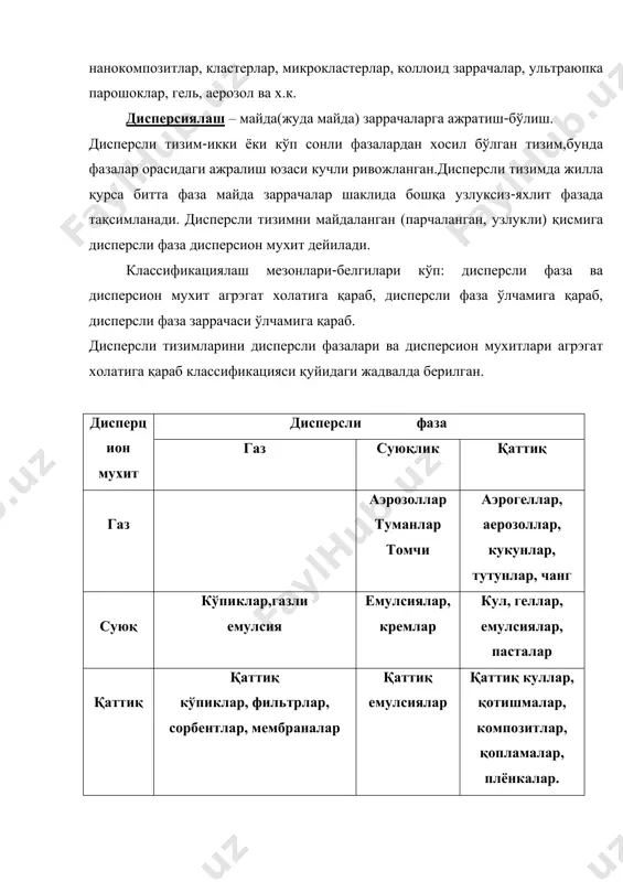 ерозоллар, кукунлар, тутунлар, чанг суюқ кўпиклар,газли емулсия емулсиялар, кремлар кул, геллар, емулсиялар, пасталар қаттиқ қаттиқ кўпиклар, фильтрлар, сорбентлар, мембраналар қаттиқ емулсиялар қаттиқ куллар, қотишмалар, композитлар, қопламалар, плёнкалар. куллар – қаттиқ дисперсли фазали ва суюқ дисперсион мухитли седимацион-турғун юқори дисперсли тизимлар. анъаналарга кўра кулларни коллоидли эритмалар деб хам аталади. колоидли тизимлар (каллоидлар)-имкон борича (охиригача) юқори дисперсли тизимлар. каллоид заррачалар ўлчамлари одатда 1÷100нм. аерозоллар – шундай тизимки, бунда газовий мухитда дисперсли фазанинг қаттиқ ёки суюқ заррачалари муаллақ холатда бўлади. наноўлчамли материалларни олиш усуллари. наноматериалларни олиш усулларига бўлиш негизида наноматериални синтез бўлиш жараёни ётади. шу нуқтаи назардан олиш усуллари қуйидаги турларга бўлинади: механикавий, физикавий, химиявий ва биологик. механикавий усул материалларга катта деформацияловчи куч таъсирига асосланган: босим, егиш, вибрация, ишқалаш, кавитацион жараёнлар ва х.к. физикавий усуллар асосида физикавий ўзгаришлар ётади: буғланиш, конденсация, тоблаш, термоцикллаш ва бошқалар. химиявий усуллар химиявий реакцияларга асосланган: електролиз, қайтарилиш, термик парчаланиш. биологик усул оқсил таначаларида ўтадиган биологик жараёнларга асосланган. наноўлчамли …