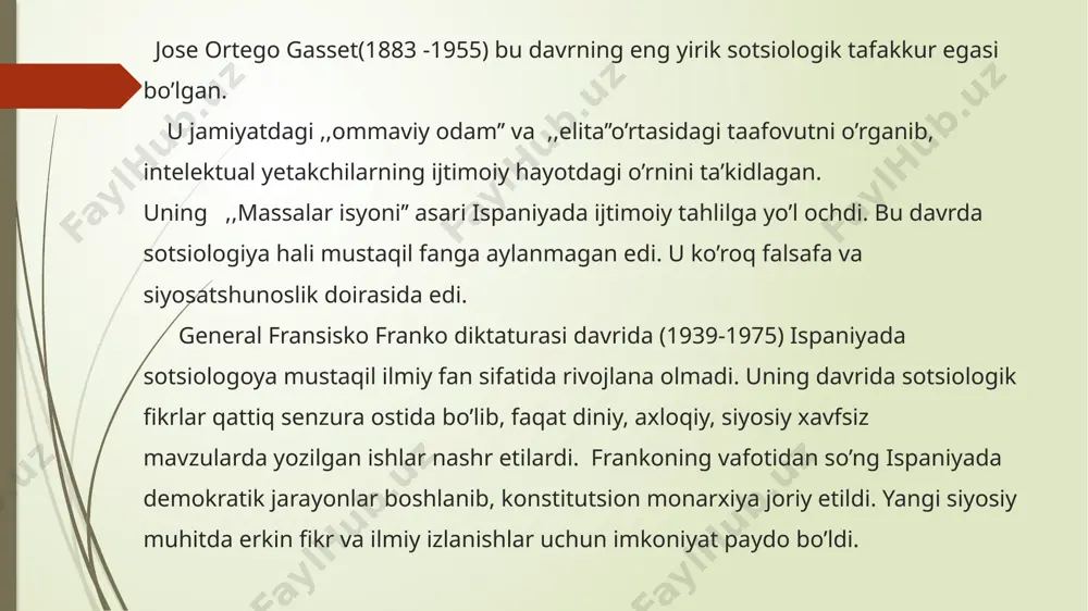 ko’plab tillarga tarjima qilingan va xalqaro miqyosda tan olingan. salvador giner asarlari: 1.,,sotsiologiya’’(1972) 2.,,ijtimoiy tafakkur tarixi’’(1967) 3.,,ommaviy jamiyat:mafkura va ijtimoiyziddiyat’’(1971) 4.,,korparativ jamiyat’’(1979) salvador giner asarlari 1972-yil 1967-yil sotsiologiya (1972) asar 1972-yilda nashr qilingan, keyinchalik bir necha marta yangilangan. bu asarda giner tomonidan yozilgan va ko’plab universitetlarda asosiy darslik sifatida foydalaniladi. asosiy bo’limda sotsiologiya fanining predmeti, vazifasi va boshqa fanlar bilan aloqasi tushuntiriladi. ijtimoiy faktlar va hodisalarni ilmiy jihatdan o’rganish zarurligi ko’rsatiladi: a)ijtimoiy insitutlar: din,ta’lim,siyosat,huquq kabi muhim ijtimoiy institutlar qanday ishlashi haqida yozadi. b)sotsiologik metodologiya: tadqiqotlar usullari:kuzatuv,suhbat,statistic tahlil,eksperiment va boshqalar. d)ijtimoiy o’zgarishlar ijtimoiy harakat,revolyutsiyalar,texnologik taraqqiyotning ijtimoiy hayotga ta’siri. asarning dolzarbligi: asar nafaqat talabalar,balki siyosatchilar, jurnalistlar va pedagoglar uchun ham foydali. salvador giner sotsiologiyani quruq nazariy fan emas, balki amaliy hayot bilan bog’liq tahlil vositasi sifatida ko’rsatadi.xulosa qilib aytganda, kitob orqali o’quvchi nafaqat jamiyatni,balki o’z o’rnini ham anglaydi. xulosa ispaniya sotsiologiya ilmiy fan sifatida xx asrning o’rtalarida,ayniqsa franko davridan keyin jadal rivojlandi. …
