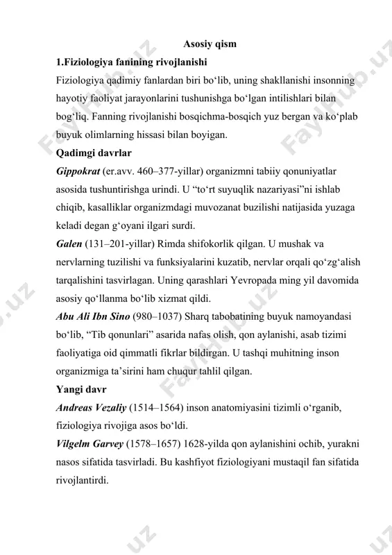 lanadi. kasallik paytida fiziologik jarayonlarning buzilishi patofiziologiyaning predmetidir. masalan, yurak faoliyatida yoki asab tizimida yuz beradigan o‘zgarishlar normal fiziologik mexanizmlarni bilmasdan tushunib bo‘lmaydi. dorilar organizmga qanday ta’sir qilishini o‘rganishda ham fiziologiya hal qiluvchi rol o‘ynaydi. masalan, yurak glikozidlari, bronxolitik vositalar yoki analgetiklar – bularning barchasi fiziologik mexanizmlarga asoslangan holda qo‘llanadi. 3. shifokor tayyorlashdagi ahamiyati fiziologiya talabalarga organizmning barcha funksional tizimlarini chuqur o‘rganish imkonini beradi. klinikaga qadar bo‘lgan bosqichda o‘quvchi shifokor fiziologik bilimlarni egallab, keyinchalik kasalliklarni aniqlash va davolash jarayonida ularni qo‘llaydi. shu bois fiziologiya barcha klinik fanlar bilan chambarchas bog‘liq. 4. amaliy misollar qon guruhlari va transfuzion tibbiyot fiziologiya tadqiqotlariga asoslangan. sun’iy nafas oldirish va reanimatsiya usullari nafas olish fiziologiyasining yutuqlaridir. neyroxirurgiya va kardiologiyada ishlatiladigan ko‘plab apparatlar – pacemaker (yurak stimulyatori), neyrostimulyatorlar – bioelektrik fiziologiyaga asoslanadi. 5. xulosa o‘rnida demak, fiziologiya fani tibbiyot uchun nafaqat nazariy, balki bevosita amaliy ahamiyatga ega. u organizmning normal faoliyatini o‘rganib, shifokorga kasalliklarni tushunish, tashxislash …