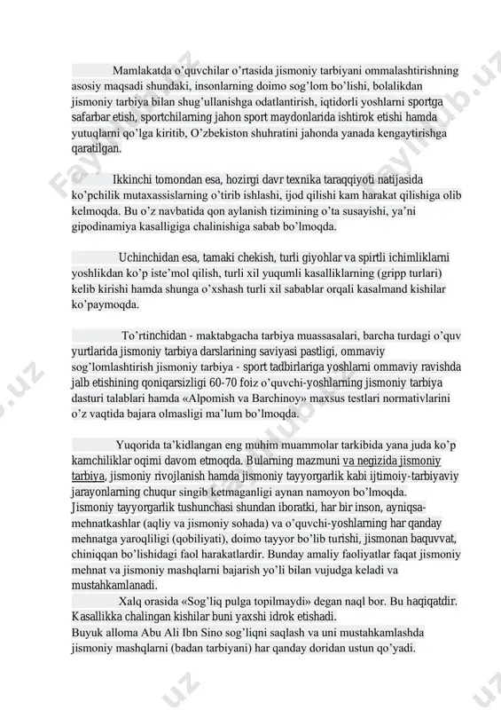 orli yoshlarni sportga safarbar etish, sportchilarning jahon sport maydonlarida ishtirok etishi hamda yutuqlarni qo’lga kiritib, o’zbekiston shuhratini jahonda yanada kengaytirishga qaratilgan. ikkinchi tomondan esa, hozirgi davr texnika taraqqiyoti natijasida ko’pchilik mutaxassislarning o’tirib ishlashi, ijod qilishi kam harakat qilishiga olib kelmoqda. bu o’z navbatida qon aylanish tizimining o’ta susayishi, ya’ni gipodinamiya kasalligiga chalinishiga sabab bo’lmoqda. uchinchidan esa, tamaki chekish, turli giyohlar va spirtli ichimliklarni yoshlikdan ko’p iste’mol qilish, turli xil yuqumli kasalliklarning (gripp turlari) kelib kirishi hamda shunga o’xshash turli xil sabablar orqali kasalmand kishilar ko’paymoqda. to’rtinchidan - maktabgacha tarbiya muassasalari, barcha turdagi o’quv yurtlarida jismoniy tarbiya darslarining saviyasi pastligi, ommaviy sog’lomlashtirish jismoniy tarbiya - sport tadbirlariga yoshlarni ommaviy ravishda jalb etishining qoniqarsizligi 60-70 foiz o’quvchi-yoshlarning jismoniy tarbiya dasturi talablari hamda «alpomish va barchinoy» maxsus testlari normativlarini o’z vaqtida bajara olmasligi ma’lum bo’lmoqda. yuqorida ta’kidlangan eng muhim muammolar tarkibida yana juda ko’p kamchiliklar oqimi davom etmoqda. bularning mazmuni va negizida jismoniy …