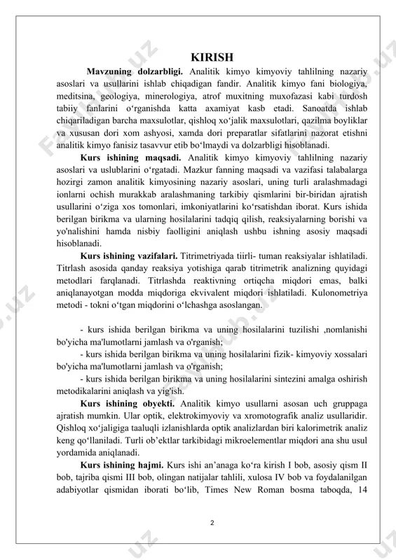 ssalari bo'yicha ma'lumotlarni jamlash va o'rganish; - kurs ishida berilgan birikma va uning hosilalarini sintezini amalga oshirish metodikalarini aniqlash va yig'ish. kurs ishining obyekti. analitik kimyo usullarni asosan uch gruppaga ajratish mumkin. ular optik, elektrokimyoviy va xromotografik analiz usullaridir. qishloq xoʻjaligiga taaluqli izlanishlarda optik analizlardan biri kalorimetrik analiz keng qoʻllaniladi. turli ob’ektlar tarkibidagi mikroelementlar miqdori ana shu usul yordamida aniqlanadi. kurs ishining hajmi. kurs ishi an’anaga koʻra kirish i bob, asosiy qism ii bob, tajriba qismi iii bob, olingan natijalar tahlili, xulosa iv bob va foydalanilgan adabiyotlar qismidan iborati boʻlib, times new roman bosma taboqda, 14 oʻlcham va 1,15 intervallarda yozilgan. kurs ishining hajmi 19 sahifadan tashkil topgan. 8 ta adabiyotlar roʻyxatidan tashkil topgan. i.asosiy qism: 1.1. kulonometriya analiz metodi haqida ma’lumot kulonomеtrik analiz usuli yuqorida aytilganidеk, elеktrod sirtida oksidlanadigan yoki qaytariladigan elеktr aktiv moddaning massasi (m) bilan elеktr miqdori (q) orasidagi bogʻlanishni ifodalovchi faradеyning birlashgan qonunlariga asoslangan: yoki bu …