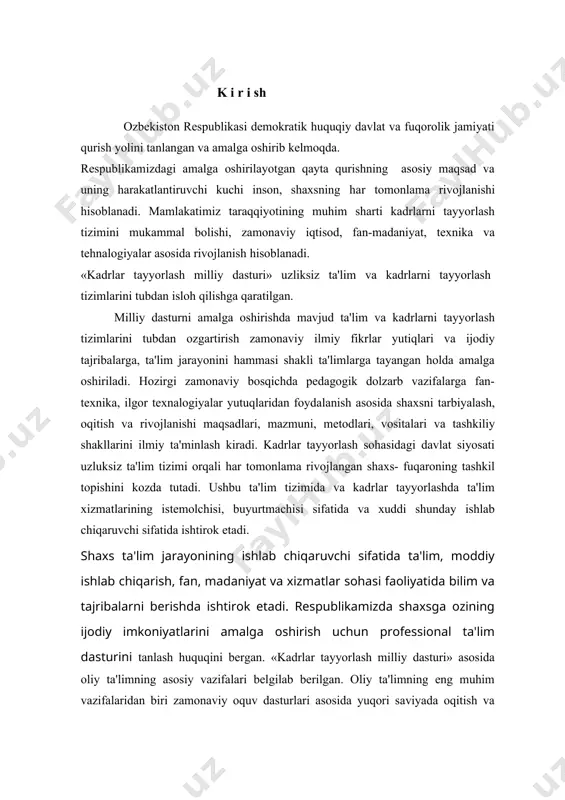 tasdiqlash to`g`risida�gi 187-sonli qarori, o`zbekiston respublikasi prezidentining 2019 yil 29 apreldagi �o`zbekiston respublikasi xalq ta�limi tizimini 2030 yilgacha rivojlantirish konsepsiyasini tasdiqlash to`g`risidagi�gi pf5712-sonli farmoni, o`zbekiston respublikasi prezidenti sh.m.mirziyoyev huzurida 2019 yil 23-avgust kuni kengaytirilgan tarzda o`tkazilgan 34-sonli yig`ilishda belgilangan ustuvor vazifalar hamda o`zbekiston respublikasi xalq ta�limi vazirining 2019 yil 28-dekabrdagi �umumiy o`rta ta�lim maktablarida variativ o`quv rejalarni tajriba-sinovdan o`tkazish to`g`risida�gi 405-sonli buyrug`i mazmunidan kelib chiqqan holda, ta�lim bosqichlarining uzluksizligi va izchilligini ta�minlash, ta�limning zamonaviy metodologiyasini yaratish hamda ular asosida pedagog xodimlarini qayta tayyorlash va ularning malakasini oshirish mazmunini yanada takomillashtirishni taqozo etadi. mamlakatimizda kompetentsiyaviy yondashuvga asoslangan yangi davlat ta�lim standartlarini joriy etilishi o`rta maktab o`qituvchilari zimmasiga qator dolzarb vazifalarni ko`ndalang qilib qo`ymoqda. shu bilan birga, 2017-2018-o`quv yilidan maktablarda 11 yillik o`rta ta�limning joriy etilishi ham o`z navbatida o`qituvchilarning malaka oshirishga bo`lgan yangi ehtiyojlarni keltirib chiqardi. ayni paytda vujudga kelgan shart-sharoitlar va o`qituvchilarning yuqoridagi keltirilgan ehtiyojlari malaka oshirishning shakli, mazmuni va …
