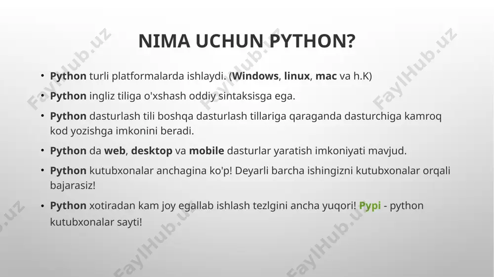 laymiz. """ print(a) satrlar massiv hisoblanadi. boshqa ko'plab dasturlash tillari singari python dasturlash tilida satrlar ifodalashda baytlardan iborat hisoblanadi. biroq python dasturlash tilida belgilar bo'yicha ma'lumot turlari mavjud emas, bitta belgini uzunligini shunchaki 1 deb qabul qilasiz. [] kvadrat qavs ichida ma'lumotlar ifodalanadi. satrni ma'lum bir qismini qirqib olish va uni biron bir o'zgaruvchiga yuklash uchun yoki bo'lmasam ekranga chop qilish uchun kvadrat qavs ichiga boshlanishi va tugashini yozamiz va ikkitali nuqta orqali bir biridan ajratiladi. [boshl ash: tugatish] qator uzunligini olish uchun len() funksiyasidan foydalaniladi satrni barcha elementlarini katta qillish uchun upper() funksiyasidan foydalaniladi image2.png image4.png image5.png image6.png image7.png image8.png image9.png image10.png image11.png image12.png image13.png image14.png image15.png image16.png image17.png image18.png image19.png image20.png image21.png image1.png /docprops/thumbnail.jpeg