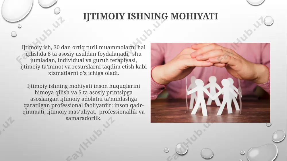 himoya qilish va rivojlantirishga qaratilgan holda, 100 dan ortiq muammoni hal qilishga yordam beradi. ijtimoiy ishda mijozlar bilan ishlashda 3 ta asosiy tamoyil qo‘llaniladi: individualizatsiya, yaxlitlik va o‘z-o‘zini boshqarishga qo‘llab-quvvatlash. yosh va qariyalar bilan ishlash yosh bolalar bilan ishlashda rivojlanish psixologiyasining asosiy tamoyillari, masalan, eriksonning psixososial rivojlanish bosqichlari nazariyasi, muhim rol o'ynaydi va amaliyotda qo'llaniladi. yosh va qariyalar bilan ishlashda individual ehtiyojlarni aniqlash uchun kamida 3 ta turli baholash usullaridan foydalaniladi, shu jumladan, intervyu, kuzatish va psixologik testlar. ijtimoiy adolat va tenglik gender tengsizligi, ijtimoiy adolatsizlikning asosiy omillaridan biri bo'lib, ayollarga nisbatan 2 baravar ko'proq zo'ravonlik va kam ta'minlanganlik holatlari kuzatiladi, bu esa ijtimoiy ish mutaxassislarining aralashuvini talab qiladi. o'rtacha 5 ta ijtimoiy xizmat ko'rsatish muassasalari har bir 10 000 nafar aholiga to'g'ri keladi, bu esa adolatli taqsimot masalasida samaradorlikni oshirishni talab qiladi. e'tiboringiz uchun rahmat @taqdimot_robot image3.png image4.jpg image5.jpg image6.jpg image7.jpg image8.jpg image9.jpg image10.jpg image11.jpg image12.jpg image13.jpg image14.jpg image15.jpg …