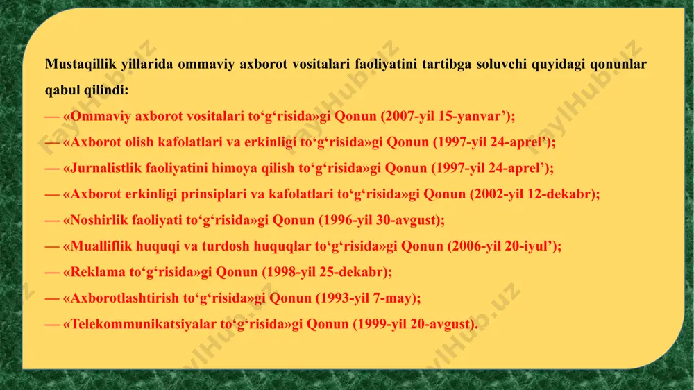 i, qator qonun va qonunosti me’yoriy hujjatlar qabul qilindi. xususan, 1996-yilda qabul qilingan «noshirlik faoliyati to‘g‘risida»gi o‘zbekiston respublikasining qonuni, vazirlar mahkamasining 2004-yil 11-iyundagi 275-sonli qarori bilan tasdiqlangan «noshirlik faoliyatini litsenziyalash to‘g‘risida nizom», 2006-yil 16-aprelda o‘zbekistan respublikasi adliya vazirligi tomonidan 1561-raqami bilan ro‘yxatga olingan o‘zbekiston matbuot va axborot agentligining 2006-yil 15-martdagi «nashrlarni chop etish qoidalarini tasdiqlash to‘g‘risida»gi 29-sonli buyrug‘i shular jumlasidandir. istiqlolga erishganimizdan so‘ng sohada katta o‘zgarishlar yuz berdi. agar 1990-yilda respublikada 9ta nashriyot faoliyat ko‘rsatgan bo‘lsa, bugun ularning umumiy soni 107taga (2013-yil 01.07. holatiga) yetgan. e’tiboringiz uchun rahmat. image1.jpeg image2.jpeg image3.jpeg image4.jpeg image5.jpeg image6.jpeg image7.jpeg image8.jpeg /docprops/thumbnail.jpeg