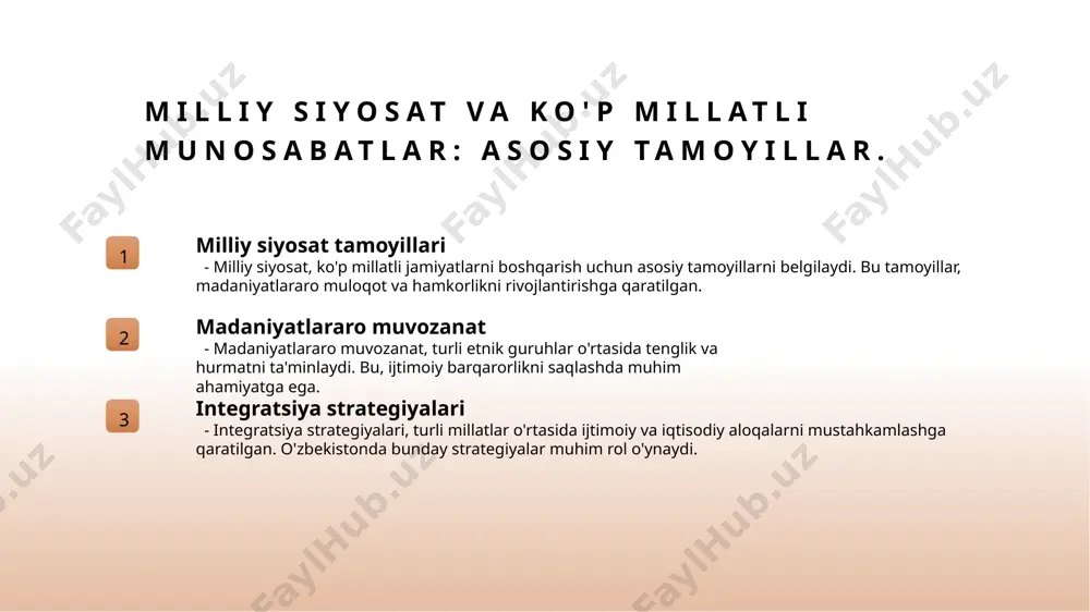 tli loyihalar o'zbekistonda ijtimoiy barqarorlikni ta'minlash maqsadida bir qator muvaffaqiyatli loyihalar amalga oshirildi, jumladan, madaniy tadbirlar va til o'rganish dasturlari. 3 madaniy almashuv millatlararo madaniy almashuv o'zbekistonda integratsiyalashuv jarayonlarini kuchaytiradi. har xil millatlarning madaniyatlari bir-birini boyitadi va ijtimoiy hamjihatlikni ta'minlaydi. 4 ijtimoiy barqarorlik integratsiya jarayonlari natijasida o'zbekistonda ijtimoiy barqarorlik ta'minlandi. bu, o'z navbatida, iqtisodiy rivojlanish va xavfsizlikni oshirishga xizmat qiladi. xulosa 1 ko'p millatli jamiyatlar ko'p millatli jamiyatlar, madaniy xilma-xillik va ijtimoiy barqarorlikni ta'minlashda muhim rol o'ynaydi, mamlakatlararo hamkorlikni kuchaytiradi. 2 milliy siyosatning ahamiyati milliy siyosat, ko'p millatli jamiyatlarda barqarorlik va tinchlikni saqlash uchun zarurdir, bu esa ijtimoiy adolatni ta'minlaydi. 3 o'zbekistonning o'ziga xosligi o'zbekistondagi ko'p millatli jamiyat, tarixiy va zamonaviy kontekstda o'ziga xos muammolar va imkoniyatlar bilan to'la bo'lib, integratsiya jarayonlarini rivojlantiradi. e'tiboringiz uchun rahmat! /docprops/thumbnail.jpeg