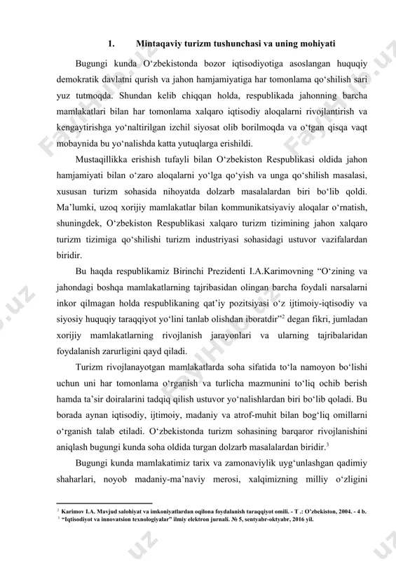 izda 1 ming 282 sayyohlik tashkiloti, jumladan, 661 mehmonxona, sayyohlik bazasi va kemping, 600 dan ortiq sayyohlik kompaniyasi faoliyat ko‘rsatmoqda. shuning uchun ham, turizm sohasini rivojlantirish ko‘plab ish o‘rinlarini yaratilishi, aholini ish bilan ta’minlash hamda ularning daromadlari oshishiga sabab bo‘ladi. hozirgi kunda butun dunyoda iqtisodiyotning noishlab chiqarish sohasi bo‘lgan turizm sohasiga katta e’tibor berilmoqda. chunki, butun jaxon iqtisodiyoti rivojlanishining hozirgi bosqichida turizm tez rivojlanib borayotgan tarmoqlardan biri xisoblanib, ushbu soha mutaxassislar tomonidan “kelajak industriyasi” sifatida e’tirof etilmoqda. 1987 yildan boshlab bugungi kunga qadar ushbu tarmoqning dunyo miqyosida rivojlanish darajasi o‘rtacha 14,8 foizni tashkil etdi, vaholanki boshqa tarmoqlarda tegishli davr oralig‘ida ushbu ko‘rsatkich 8,8 foiz darajasidan oshmadi.[footnoteref:4] [4: лапицкая л.в., стрелец е.в. маркетинговые исследования тенденций развития регионального туристического рынка. выпуск 17. проблемы региональной экономики.] bugungi kunda turizmning xalqaro turizm tarmog‘iga dunyo bo‘ylab yaratilayotgan har o‘n ikkinchi yangi ish o‘rni to‘g‘ri kelib, keyingi o‘n yillikda dunyo miqyosida 120 million kishi yoki ishsiz …