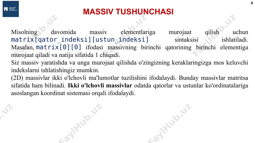 класс  к.ю. поляков, е.а. ерёмин, 2018 http://kpolyakov.spb.ru transponirlangan massiv * natija алгоритмы и программирование, язык python, 10 класс  к.ю. поляков, е.а. ерёмин, 2018 http://kpolyakov.spb.ru massivni ko’paytirish * natija алгоритмы и программирование, язык python, 10 класс  к.ю. поляков, е.а. ерёмин, 2018 http://kpolyakov.spb.ru * * = massivni ko’paytirish алгоритмы и программирование, язык python, 10 класс  к.ю. поляков, е.а. ерёмин, 2018 http://kpolyakov.spb.ru pandas * pandas: pandas ma'lumotlar analizi va ma'lumotlar tahlili uchun kuchli bir kutubxonadir. u ma'lumotlarni jadval (dataframe) shaklida ifodalaydi. pandas bilan massivlar ustida ishlay olasiz, ma'lumotlarni filtrlash, qayta tartiblash, qo'shimcha ma'lumotlar kiritish, ma'lumotlar ustida statistik hisob-kitoblar bajarish va boshqalar. pandas kutubxonasi, massivlarni yuklash, saqlash va ularga ma'lumotlarni o'qish yozish imkoniyatlarini ham taklif qiladi. numpy va pandas kutubxonalari o'rtasidagi ko'pincha ish bilan numpy massivlarini pandas jadvalida o'zgartirishga imkon beradi. ular ko'p ma'lumotlar tahlili va ma'lumotlar bazalarini birlashtirish uchun kuchli kombinatsiyani taklif qiladi. алгоритмы и программирование, язык python, 10 …