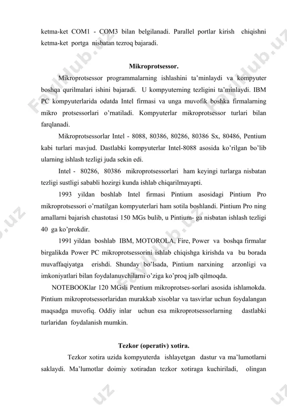 qolgan kismiga xizmatchi maqsadlar uchun ishlatiladigan dasturlar joylashtiriladi (test dasturlari, dastavval kompyuterni ishga tayyorlash dasturi va boshqalar). vinchester - ibm tipidagi kompyuterlarning vinches-teri (kattik magnitli disk) 40 mbaytdan 2 gbaytgacha, hatto undan ko’proq hajmga egadir. monitor - ko’zgu sifatida butun eхmda bo’layotgan jarayonni namoyon qiladi. monitorda matnli axborotlar satri va ustuni 80x25 belgilar joyiga ega. хar bir belgi o’rniga bitta xarf yoki bir simvol to’g’ri keladi. тugmachalar majmuasi kompyuterga foydalanuvchi tomonidan axborotlarni kiritish tugmalar majmuasi orqali amalga oshiriladi. ibm pcg’xt da maxsus vazifalarni amalga oshiruvchi tugmachalar (klavish) 10 dona, ular tugmachalar majmuasining yuqori qismida joylashgan bulib, [f1-f10] belan belgilanadi. bulardan tashqari tugmachalar quyidagi vazifalarni bajaradi: -rus shriftidan lotin shriftga o’tish uchun va aksincha, ikkita shift tugmachalari bir vaqtda bosiladi (agar kompyuter xotirasiga rk.com fayli yuklangan bo’lsa); -katta xarflarini kiritishda ish tartibini barkarorlashtirish uchun [caps lock] tugmachasi bosiladi; - satrdagi ma’lumotni kiritish tugallanganligini bayon uchun [enter] yoki [return] tugmachasi bosiladi; -kursorda …