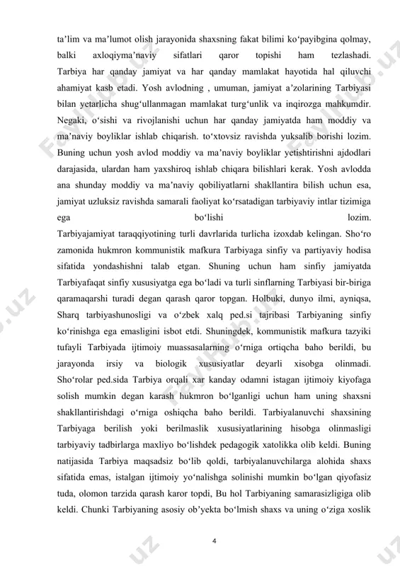 chun ham uning shaxsni shakllantirishdagi oʻrniga oshiqcha baho berildi. tarbiyalanuvchi shaxsining tarbiyaga berilish yoki berilmaslik xususiyatlarining hisobga olinmasligi tarbiyaviy tadbirlarga maxliyo boʻlishdek pedagogik xatolikka olib keldi. buning natijasida tarbiya maqsadsiz boʻlib qoldi, tarbiyalanuvchilarga alohida shaxs sifatida emas, istalgan ijtimoiy yoʻnalishga solinishi mumkin boʻlgan qiyofasiz tuda, olomon tarzida qarash karor topdi, bu hol tarbiyaning samarasizligiga olib keldi. chunki tarbiyaning asosiy obʼyekta boʻlmish shaxs va uning oʻziga xoslik jihatlari unutilgan edi. shoʻro pedagogik tizimidagi kamchiliklarning ildizi, asosan, mana shu yondashuv tarziga borib takaladi. oʻzbekiston mustaqillikka erishgach, tarbiya va unga bogʻliqjarayonlarga yangi hamda sogʻlom pedagogik tafakkurga tayangan holda yondashuv qaror topa boshladi. uni izohlashda gʻayriilmiy sinfiypartiyaviy yondashuvdan voz kechildi. tarbiyaning milliyligiga alohida eʼtibor karatilmoqda. buning uchun xalq ped.si boyliklari, oʻzbek mutafakkirlarining pedagogik qarashlari sinchkovlik bilan oʻrganilayotir. natijada, oʻzbekiston ped. fani va amaliyotida oila tarbiyasining ham, ijtimoiy tarbiyaning ham oʻziga xos oʻrni borligi tan olina boshlandi. shuningdek, tarbiyada irsiy va biologik omillar ham hisobga …