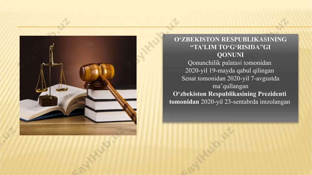 ni amalga oshiruvchi tashkilotlarni; ta’lim tizimining faoliyat ko‘rsatishi va rivojlanishini ta’minlash uchun zarur bo‘lgan tadqiqot ishlarini bajaruvchi ilmiy-pedagogik muassasalarni; ta’lim sohasidagi davlat boshqaruvi organlarini, shuningdek ularning tasarrufidagi tashkilotlarni o‘z ichiga oladi. ta’lim tizimi yagona va uzluksizdir. qonunning asosiy tushunchalari: -davlat akkreditatsiyasi -davlat ta’lim muassasasi -davlat ta’lim standartlari -davlat ta’lim talablari -malaka -mutaxassislik -nodavlat ta’lim tashkiloti -tarbiya -ta’lim -ta’lim kampusi -ta’lim-tarbiya jarayoni ishtirokchilari -ta’lim tashkilotlari attestatsiyasi 7-modda. ta’lim turlari ta’lim turlari quyidagilardan iborat: maktabgacha ta’lim va tarbiya; umumiy o‘rta va o‘rta maxsus ta’lim; professional ta’lim; oliy ta’lim; oliy ta’limdan keyingi ta’lim; kadrlarni qayta tayyorlash va ularning malakasini oshirish; maktabdan tashqari ta’lim. 8-modda. maktabgacha ta’lim va tarbiya maktabgacha ta’lim va tarbiya bolalarni o‘qitish va tarbiyalashga, ularni intellektual, ma’naviy-axloqiy, etik, estetik va jismoniy jihatdan rivojlantirishga, shuningdek bolalarni umumiy o‘rta ta’limga tayyorlashga qaratilgan ta’lim turidir. maktabgacha ta’lim va tarbiya olti yoshdan yetti yoshgacha bo‘lgan bolalarni boshlang‘ich ta’limga bir yillik majburiy tayyorlashni ham nazarda tutadi. …