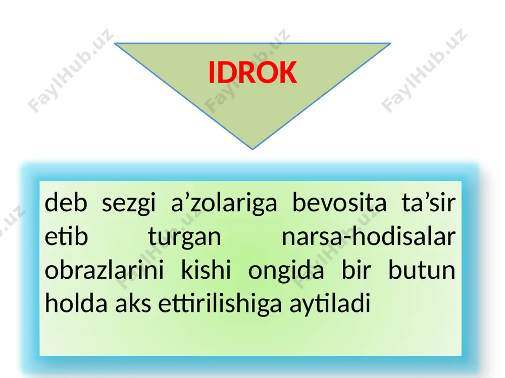 mini ochish holati kuzatiladi. predmetlarni tez, sub’ektiv yengil va avtomatik idrok qilish biz doimo o‘zgarib turadigan predmetlar olamida yashaymiz. shunga qaramay, biz qo‘zg‘atuvchilar orqali kelayotgan ma’lumotlarni tez va ortiqcha urinishlarsiz qayta ishlaymiz. e`tiboringiz uchun raxmat image1.jpeg image3.jpeg image4.jpeg image5.jpeg image6.png /docprops/thumbnail.jpeg