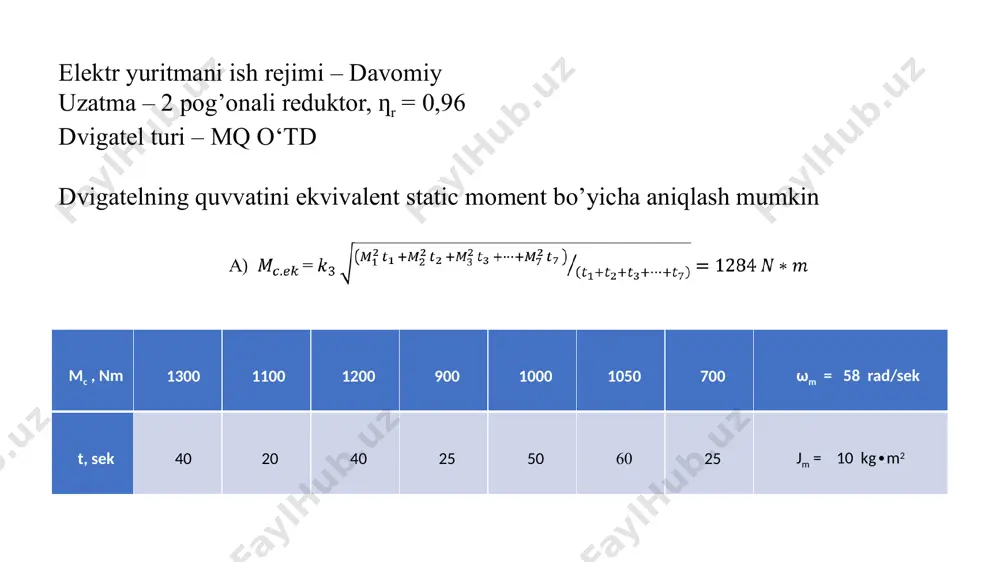 ,6 [ a ] yakorning nominal tokini aniqlang: iyan= ih - ibh = 423,4 [ a ] 4. nominal qarshilik qiymatini aniqlang: rh =uh / iyan = 0,52 [ om ] yoki nisbiy birliklarda dvigatel qarshiligi ṙd = rd / rh = 0,06 dvigatelni 4 pog’onali qarshilik orqali ishga tushadi deb qabul qilamiz: z = 4 λ = z + 1√1 / ṙdv·i̇2 = 2,6 bu yerda i̇2 = 0,88 a o’tish toki, u 20% gacha i̇ct tokdan katta olinadi. chegara tokini hisoblaymiz: i̇1 = λ·i̇2 = 2,28 a ishga tushirish paytidagi to’la qarshilik: ṙ1 = 1 / i̇1 = 0,44 om qolgan pog’onalarning qarshiliklarini hisoblaymiz. ṙ2 = ṙ1 / λ = 0,17 ṙ3 = ṙ2 / λ = 0,06 ṙ4 = ṙ3 / λ = 0,025 reostat seksiyalarinig qarshiliklari:ṙ1 = (1 / i1) (λ-1 / λ) = 0,27 ṙ2 = ṙ1 / λ = 0,11 ṙ3 = ṙ2 / …