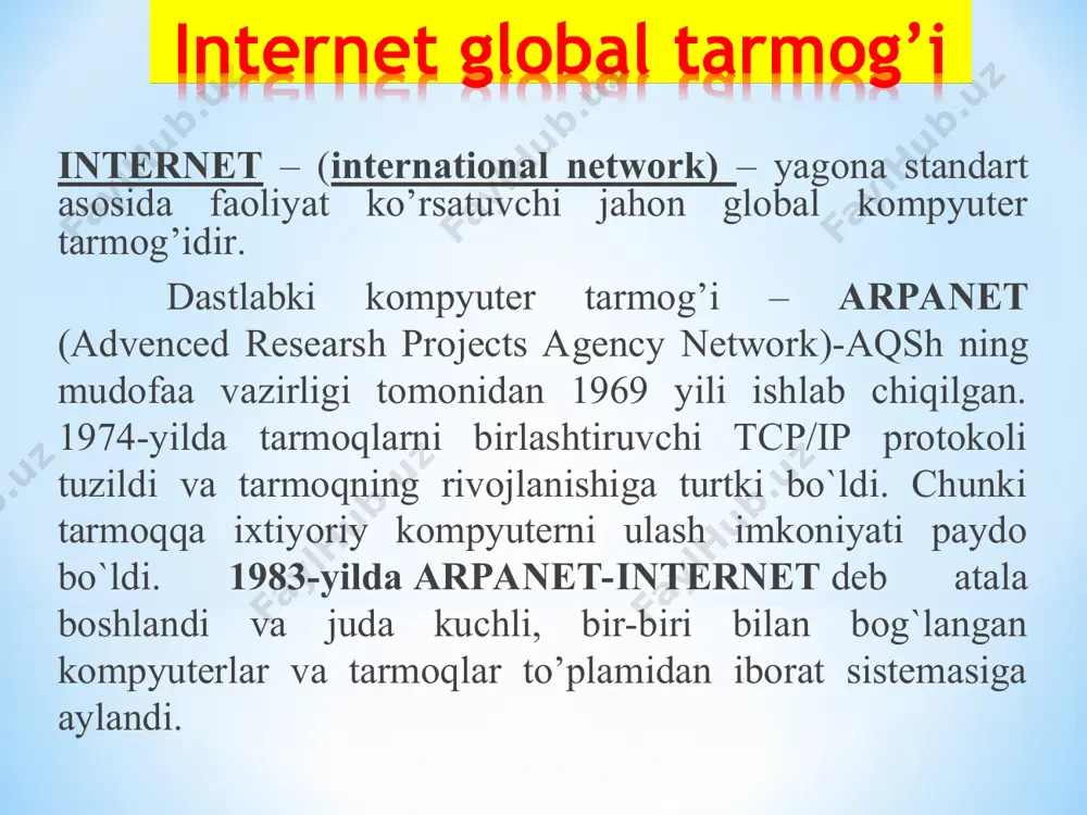 rnet tarmog’ida joylashtirilgan axborot resurslarining murojaat manzillari (masalan: www.ziyonet.uz). * www (world wide web) — turli ko‘rinish va shakldagi axborot manbalarini birlashtirgan yagona axborot olamidan foydalanish imkoniyati telekonferensiya — jamoa bilan ma’lumot almashish imkoniyati trafik - bu internet aloqa kanallari orqali uzatilgan ma'lumotlar oqimi hajmi. web brouzerlar – bu internet resurslari va ma'lumotlaridan foydalanishni ta'minlovchi dasturlar bo`lib, ularning quyidagi turlari mavjud: internet explorer, firefox mozilla, netscape navigator, opera, google chrome, safari. * kerakli ma'lumotlarni ko'rishning gipermurojaat deb ataluvchi usul bilan kompyuter tarmoqlarida joylashtirish www-world wide web-jaxon axborot tarmog'i (butun dunyo o'rgimchak to'ri-vsemirnaya pautina) deb ataladi. 1993 yildan boshlab www internet ning eng ommaviy resurslaridan biriga aylandi. elektron pochta elektron pochta – bu internet tarmog’i orqali xabarlar almasish xizmati hisoblanib asosan ikkita komponenet ishtirokida tashkil etiladi. elektron pochta serveri- xabarlarni jo’natish va qabul qilishini ta’minlash elektron pochta klienti – xabarlarni yaratish va javob qaytarish elektron pochta xizmatlari quyidagi imkoniyatlarni taqdim etadi: …