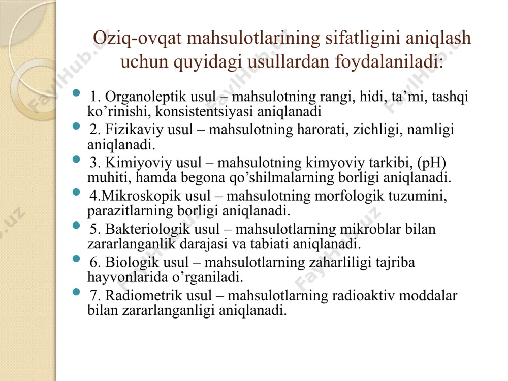 servalar, konservatsiya qilinish turlariga muvofiq haqiqiy konservalar yoki zahira mahsuloti sifatida foydalanishga chiqariladi. haqiqiy konservalar- germetik berkitilgan idishlardagi sterilizatsiyadan o’tkazilgan ovqat mahsulotlaridir. prezerv yoki zahira konservalar sterilizatsiya qilinmagan mahsulotlardir (kilka, seld). konserva bankalarining tublarining shishib qolishi bombaj deyiladi. bombaj soxta va chin bo’ladi. chin bombaj mikrobli va kimyoviy bo’ladi. mikrobli (haqiqiy) bombaj – mikroorganizmlarning hayot faoliyatlari natijasida hosil bo’ladigan gazlar (vodorod sulfid, ammiak, metan, so2) hisobiga bo’lishi mumkin. fizikaviy bombaj – bankalarning issiqda saqlash yoki muzlatib qo’yish, bankalarga mahsulot juda to’ldirib yuborilganda, bankalarning mexanik tarzda ezilganda tublari shishib qolishi mumkin. kimyoviy bombaj – konserva mahsulotilari tarkibidagi nordon (kislota) moddalar bilan banka metall reaktsiyaga kirishish natijasida hosil bo’ladi konserva bankalarining sifatliligini quyidagi ko’rsatkichlar bo’yicha tekshiriladi: ko’rsatkichlar tekshirish usullari tashqi ko’rinishi: -ezilish, zang dog’larining mavjudligi; -bombajning borligi ko’rish orqali yorliqni tavsiflash, shtamp belgilarini o’qish ko’rish orqali zichligi issiq suvli namuna bankaning ichki yuzasining holati ko’rish orqali organoleptik ko’rsatkichlar: rangi, hidi, konsistentsiya, ta’mi …