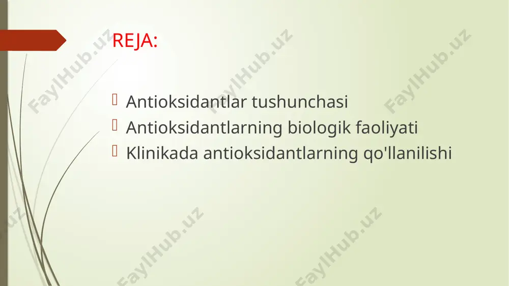 ri va atrof-muhit omillari (masalan, quyosh nurlari, kimyoviy moddalar) tufayli hosil bo'ladi. antioksidantlarning hujayra darajasidagi himoya mexanizmlari erkin radikallarning neytrallanishi: antioksidantlar erkin radikallarni o'ziga birlashtiradi va ularni barqaror holga keltiradi. bu jarayonning asosiy mexanizmi — antioksidantning erkin radikalga elektron berishidir, natijada radikal barqarorlanadi va zararsiz holatga o'tadi. . antioksidantlar va fermentlar superoksid dismutaza (sod): bu ferment superoksid anionlarini (o2−) peroksidlar (h2o2)ga aylantiradi, bu esa yanada kamroq zararli. sod antioksidant himoyaning birinchi chizig'ini tashkil etadi. katalaza: katalaza peroksidni (h2o2) suv va kislorodga ajratadi, bu jarayon hujayralarni toksik oksidlovchi moddalar etkazadigan zararlarni kamaytiradi. glutation peroksidaza: bu ferment, ayniqsa, yog'li to'qimalarda mavjud bo'lib, hujayralarni peroksidlar va boshqa toksik moddalar ta'siridan himoya qiladi. glutation peroksidaza ko'pincha glutation (antioxidant) bilan birgalikda faoliyat ko'rsatadi. . antioksidantlarning yallig'lanishga qarshi ta'siri antioksidantlar yallig'lanishni kamaytirishga yordam beradi. oksidlanish stressi yallig'lanish jarayonlarini qo'zg'atishi mumkin, chunki erkin radikallar va boshqa reaktiv kislorod turlari yallig'lanish mediatorlarini (masalan, sitokinlar) faollashtiradi. antioksidantlar bu jarayonlarni …