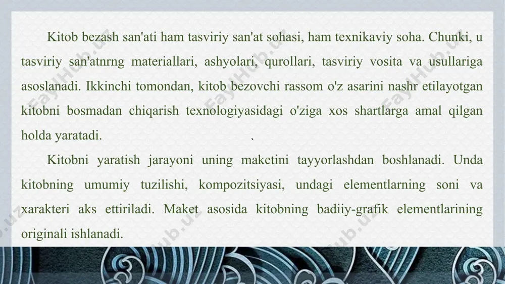 zlar joylashtinlgan bo'lishi mumkin (60-rasm). «temur davrining me'moriy kahkashoni» nomli kitobning forzatsida qadimiy me'moriy obidalarga ishlangan naqshinkor mozaikaning berilishi kitobning mazmunini boyitishga xizmat qilgan. qadimiy kitoblardan «naqshbandiy xoj alarming oliy nasabnomasi», abdurahmon jomiyning «yusuf va zulayho», shuningdek, qur'oni karimga ishlangan forzatslar har tomonlama mukammal san'at asari sirasiga kiradi. kitobning titul varag'i uning «nasabi»ni bildiradi. zero, «titul» termini (lotincha «titulus») feodal va burjuaziya davrida yuqori mansabli kishilarga beriladigan unvon, nasabni anglatadi. ` kitobning titul varag'i ham kitob haqidagi to'liq ma'lumotni, asarning muallifi, nomi, qachon va qayerda nashr ettirilganligini bildiradi. ayrim hollarda bu harfli kompozitsiya, mo'jaz tasvir yoki naqshli bezak bilan ham to'ldiriladi. agar titul varag'idagi yozuvlar uning chap tomonidagi varag'iga ham joylashtirilsa, bu bet kontrtitul deb ataladi. ` titul varag'ining chap tomonida joylashtirilgan illustratsiya kitobning mazmunini anglatuvchi tasvir (u asar qahramonining yoki muallifhing portreti ham bo'lishi mumkin) frontispis deb ataladi. frontispis (lotincha "irons" — old tomon va "spisio" — qarayman) - …