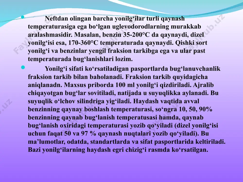 rni yurgizib yuborishni osonlashtirish uchun qishki sort benzinlarining bosimi 0.06-0.09 mpa(500-700 mm simob ustuni) bo‘lishi lozim. o‘t oldirish temperaturasi yonilg‘ining fraksion tarkibi bilan uzviy bog‘liq. bu temperaturada neft mahsulotlari havo bilan birga yonuvchi aralashma hosil qiladi. shu aralashma olov manbaiga yaqinlashtirilganda alanganadi. benzinning o‘t oldirish temperaturasi juda past bo‘lib, hatto benzin qor ustida to‘kilganda ham uning bug‘lari osongina o‘t oladi. shuning uchun hamma benzinlar ham oson alangalanadigan, ham portlovchi suyuqliklar hisoblanadi. kerosinlar va dizel yonilg‘isining ba’zi sortlari ham oson alangalanadi, ularning bug‘lari 25-300cda va 350c dan yuqori musbat temperaturalarda alangalanadi. benzin va dizel yoqilg‘ilari tarkibida uchraydigan smola va smola hosil qiluvchi birikmalar benzin va dizel yonilg‘isida deyarli har doim erigan holda smola va smola hosil qiluvchi birikmalar bo‘ladi. yonilg‘i tarkbidagi smolalar yonilg‘i baklari tubiga va quvurlar devorlariga o‘tiradi, karbyuratorli dvigatellarning jiklyorlarini berkitib qo‘yadi. smolali birikmalar karbyuratorli dvigatellar chiqarish kollektorlarining issiq devorlarida, dizel forsunkalarining o‘zagida, klapanlarida va porshenlar tubida, yonish kamerasida, …