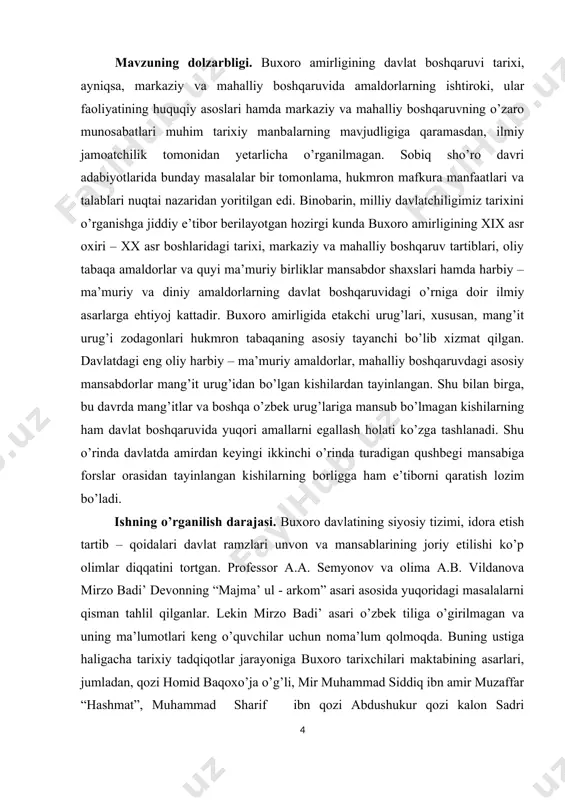 ng yo’l xotiralarini o’rganish va tahlil qilish o’z navbatida ushbu fikrlarning asossiz ekanligini ko’rsatadi. o’rganilgan tarixiy manbalar mang’itlar sulolasi vakillarining barchasini ham faoliyati yuqoridagi yondashuvlar asosida baholashga loyiq emasligidan dalolat beradi. shu jihatdan olganda, tahlil manbalarga asoslanib, albatta bunda jamiyat rivojlanishiga ta’sir etgan ob’ektiv va sub’ektiv omillarni hisobga olgan holda, buxoro amirligi davlatchiligining shakllanish va rivojlanishini muayyan bosqichlarga ajratib o’rganish maqsadga muvofiq deb hisoblaymiz. biz bunda mang’itlar sulolasining dastlabki vakillari tomonidan amalga oshirilgan islohotlar o’z navbatida mamlakatni birlashtirish va aholi turmush tarzini engillashtrishda muayyan darajada ahamiyat kasb etganligini davrlashtirish uchun mezon sifatida belgilashga harakat qildik. mangit amirlari sulolasi va xronologiyasi hukmdor nomi hukmronlik yillari muhammad rahim 1747-1756-1758-yy. doniyolbiy otaliq shohmurod 1759-1785-yy. 1785— 1800-yy. amir shohmurod 1785-1800 yy. amir haydar 1800- 1826-yy. amir nasrullo 1826- 1860-yy. amir muzaffar 1860-1 885-yy. amir abdulahad 1885-1910-yy. amir olimxon 1910-1920-yy. agar buxoro amirligi davlatchiligi taraqqiyotini ushbu nuqtai nazardan qaraydigan bo’lsak, uni quyidagi ikki bosqich doirasida …