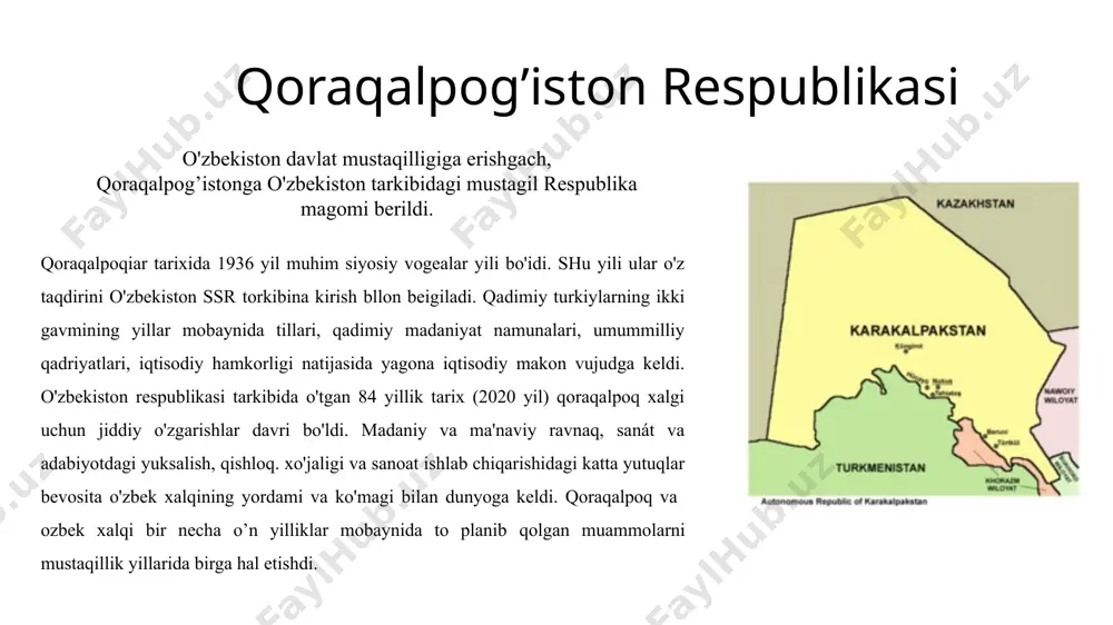 moddiy yordam shaklidagi ijtimoiy nafaqaning yangi turi joriy etildi. shu bilan birga, mazkur hududlarda 3 ming kilometrdan ortiq ichki yo'llar kapital ta'mirlandi va rekonstruktsiya qilindi. mustagillik villarida respublikada ishchi va xizmatchilarning o'rtacha ish hagi izchil o'sib bordi. 1996 vilda u 1409 so'mdan, 2761,1 so'mga yoki 1.96 martaga ko'paydi. 2021-2022 yillarda qoraqalpog'iston respublikasining nukus shahridagi sharoiti og'ir mahallalarda ijtimoiy-iqtisodiy, maishiy va infratuzulma holati bilan bog'liq muammolarni hal etish chora-tadbirlari to'g'risida vazirlar mahkamasining 2021 yil 19-apreldagi 223-sonli qarori qabul gilindi e’tiboringiz uchun raxmat! image1.png image2.png image3.png image4.png image5.png /docprops/thumbnail.jpeg
