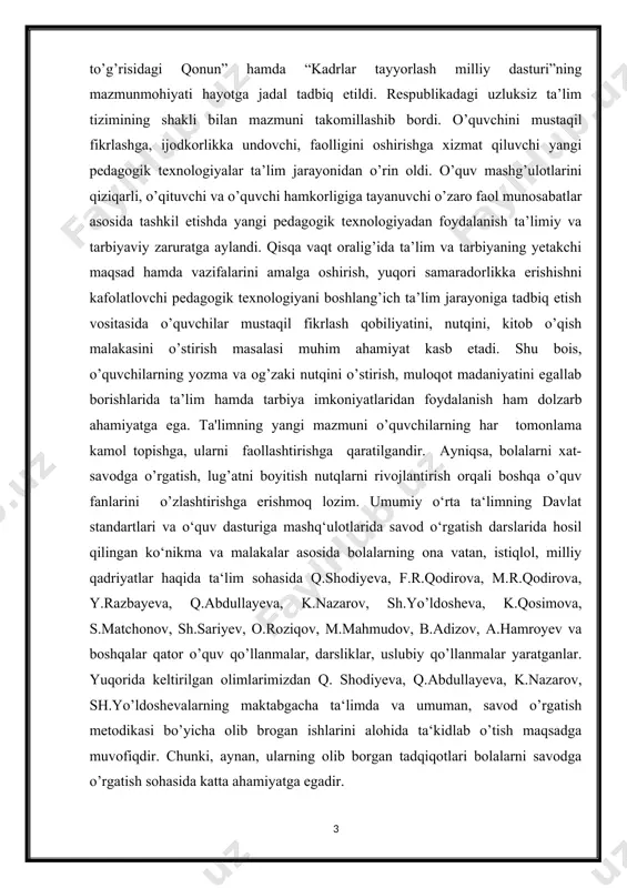 ngiligini ta‘minlashga qaratilgan innovatsion texnologiyalar asosida dars o’tish jarayoni tadqiqotimizning ob‘ektini tashkil etadi. kurs ishining predmeti: savod o‘rgatish davrida yozuv darslarida nutq o’stirish usullari samaradorligini ijobiy tomonga ta‘sir qilishning eng qulay usulidir. sinfda va sinfdan tashqari o‘qish darslari boshlang‘ich sinflarda o‘tiladigan barcha predmet dasturlarining bo‘limlari bilan bevosita bog‘liq. yozuv darslarida o‘tilgan mavzular asosida badiiiy kitoblar axtarish, asar qahramonlarining nomlarini yozish,ularni tasvirlab berish, ijodiy rasm ishlash, fikrni yakunlash uchun mos maqollar yod olish ko‘nikmalarini shakllantirish dolzarb metodik manba ekanligini aniqlash, ularning didaktik asosini belgilash ham mashg’ulotning predmeti hisoblanadi. kurs ishining maqsadi: savod o‘rgatish davrida yozuv darslarida nutq o’stirish usullari va unga ma‘lum bir o’zgartirishlar kiritishda yangi pedagogik texnologiyalardan foydalanishning samarali usullarini shakllantirish kurs ishi mavzusi bo’yicha olib borayotgan tadqiqot ishimizning maqsadi hisoblanadi. kurs ishining vazifasi: yuqorida oldimizga qo’ygan maqasadimizdan kelib chiqib: · kurs ishida tanlangan mavzu bo’yicha ijtimoiy-pedagogik, falsafiy- ma‘rifiy, ilmiy-metodik hamda o’quv adabiyotlarni o’rganib chiqish va umumlashtirish. · savod o‘rgatish …