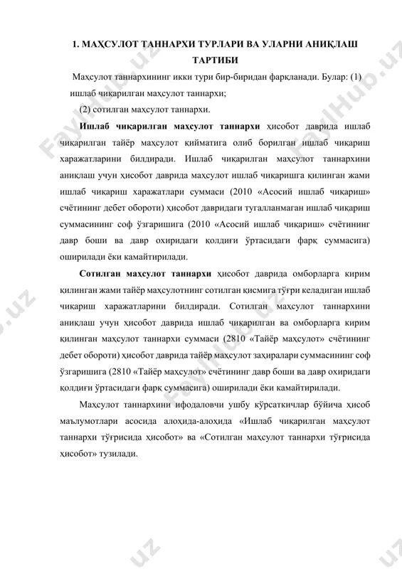 шқа ишлаб чиқариш устама харажатлари 30 000 000 2.4 жами қилинган харажатлар (2.1+2.2+2.3) 120 000 000 2.5 жами ишлаб чиқариш харажатлари (1+2) 160 000 000 3 минус: тугалланмаган ишлаб чиқаришнинг давр охиридаги сумммаси 20 000 000 4 ишлаб чиқарилган маҳсулот таннархи (2.5-3) 140 000 000 сотилган маҳсулот таннархи тўғрисида ҳисобот _____________ ой т/р кўрсаткичлар сумма хусусий умумий 1 тайёр маҳсулотнинг давр бошидаги суммаси 40 000 000 2 плюс ишлаб чиқарилган маҳсулот таннархи 140 000 000 3 жами сотишга тайёр маҳсулот (1+2) 180 000 000 4 минус: тайёр маҳсулотнинг давр охиридаги сумммаси 25 000 000 5 сотилган маҳсулот таннархи (3-4) 155 000 000 ишлаб чиқарилган ва сотилган маҳсулотларни ишлаб чиқариш харажатларининг ўзаро боғлиқлиги 1. асосий бошқа ишлаб жами ишлаб + асосий меҳнат + чиқариш = чиқариш материаллар харажатлари харажатлари 50 000 000 + 40 000 000 + 30 000 000 = 120 000 000 2. жами тугалланмаган тугалланмаган ишлаб ишлаб ишлаб …