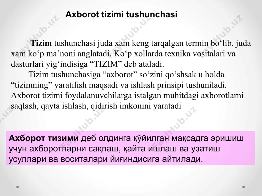 miyatlarning buyruqlari, meoyoriy va boshqa xujjatlar kiradi. axborot tizimini yaratish uchun xuquqiy ta’minot buyurtmachi va bajaruvchi munosabatlari bitilgan shartnoma asosida ta’minlanadi. axborot tizimidan foydalanish xuquqiy ta’minoti quyidagilarni o’z ichiga oladi: axborot tizimi statusi; xodimlarning xuquqlari, majburiyatlari va masouliyatlari; boshqaruv jarayonining xuquqiy ta’minlanishi; axborotni yaratish va undan foydalanish tartibi. nazorat savollar axborot tizimiga ta’rif bering. аxbоrоt tizimlаri tushunchаsi, ulаrni lоyihаlаsh bа yarаtish. аxbоrоt tizimlаrining turkumlаnishi, ulаrni ishlаb chiqish bа fоydаlаnish. аxbоrоt tizimlаrining tаshkil etubchilаri nimаlаrdаn ibоrаt? e’tiboringiz uchun rahmat kbuoysha69@gmail.com 998916069778 образец текста второй уровень третий уровень четвертый уровень пятый уровень image2.png image3.png