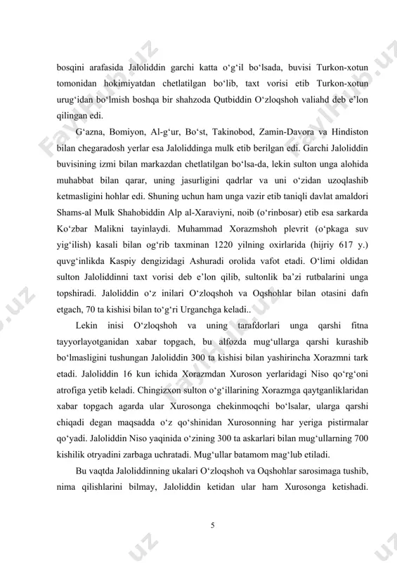 qo‘lga tushib, qatl etiladilar. mug‘ullar qatl etilgan shahzodalarning kallalarini namoyishkorona tarzda birmuncha vaqt xurosonda olib yurishadi. jaloliddinning yana bir inisi rukniddin g‘ursanjiy (manbalar unga «aql-zakovat va ko‘rkamlikda tengi yo‘q» deb ta’rif berishgan) eronning ustunavand qal’asida 6 oy mug‘ullarga qarshi kurash olib borib, mardonavor tarzda halok bo‘ladi. jaloliddin esa bu vaqtda nishopurga yetib keladi. bir oy davomida mug‘ullarga qarshi kurashish maqsadida barcha amir, sarkardalarga qo‘shin yig‘ish xususida murojaat qiladi. mug‘ullar uning ushbu faoliyatidan xabardor bo‘lganliklarini bilgach, zavzon (nishopur va hirot oralig‘ida) tumanidagi al-qohira qal’asiga kelib o‘rnashadi. afsuski, bu vaqtda mahalliy noib hokimlar uning atrofida jipslasha ololmaydilar. hali yetarli kuchga ega bo‘lmagan jaloliddin qal’ada uzoq turish xavfli ekanligini tushunib, g‘azna tomon yo‘l oladi. chingizxon esa bu vaqtda ulkan qo‘shin bilan xurosonga izma-iz kelayotgan edi. jaloliddin g‘aznaga yetmasdan yaqin orada hirot hokimi hamda qayinotasi bo‘lmish amin malik bilan uchrashadi va ular birgalikda qandahor qal’asini qamal qilayotgan mug‘ullar ustiga yurish qiladilar. jaloliddin bu kurashda …