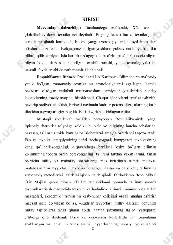islarni tarbiyalab yetishtirish bunday islohotlarning asosiy maqsadi hisoblanadi. chuqur islohotlarni amalga oshirish, bozoriqtisodiyotiga o`tish, birinchi navbatda kadrlar potensialiga, ularning kasb jihatidan tayyorgarligiga bog`lik, bo`ladi», deb ta`kidlagan edilar. mustaqil rivojlanish yo`lidan borayotgan respublikamizda yangi iqtisodiy sharoitlar ro`yobga keldiki, bu xalq xo`jaligining barcha sohalarida, hususan, ta`lim tizimida ham qator islohotlarni amalga oshirishni taqozo etadi. fan va texnika taraqqiyotining jadal kechayotgani, kompyuter texnikasining keng qo`llanilayotganligi, o`quvchilarga berilishi lozim bo`lgan bilimlar ko`lamining tobora oshib borayotganligi, ta`limni tubdan yaxshilashni, fanlar bo`yicha milliy va mahalliy sharoitlarga mos keladigan hamda malakali mutahassislarni tayyorlash imkonini beradigan dastur va darsliklar, ta`limning zamonaviy metodlarini ishlab chiqishni talab qiladi. o`zbekiston respublikasi oliy majlisi qabul qilgan «ta`lim tug`risida»gi qonunda ta`limni yanada takomillashtirish maqsadida respublika hududida ta`limni umumiy o`rta ta`lim maktablari, akademik litseylar va kasb-hunar kollejlari orqali amalga oshirish maqsad qilib qo`yilgan bo`lsa, «kadrlar tayyorlash milliy dasturi» qonunida milliy tajribalarni tahlil qilgan holda hamda jaxonning ilg`or yutuqlarini e`tiborga olib akademik litsey va kasb-hunar …