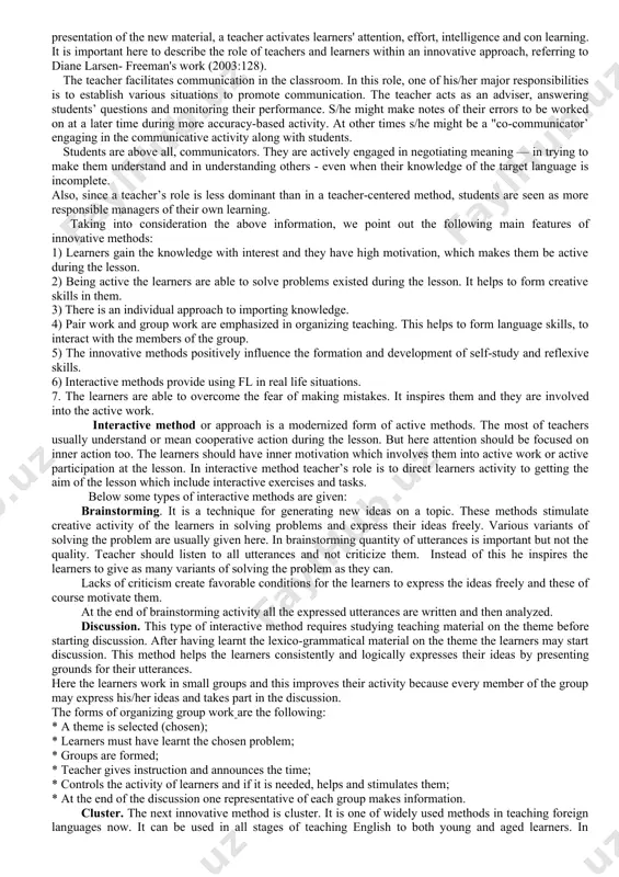 parison of traditional and innovative methods firstly we answer the question: “what is traditional methodology?” to answer this question we should address to different sources on the fl methodology. 1. a very typical feature of traditional methodology, “teacher- dominated interaction”, the teaching is deeply teacher-centered (broughton etal., 1994). 2. “traditional view of education, where teachers serve as the source of knowledge while learners serve as passive receivers” (kuzu, 2007). 3. “traditional teaching [is imagined to work as] the knowledge being poured from one receptacle into an empty one.” this widespread attitude is based on a precondition that “being in a class in the presence of a teacher and ‘listening attentively’ is [...] enough to ensure that learning will take place” (scrivener, 2005), 4. traditional methodology - “learning was very much seen as under the control of the teacher” (richards, 2008). 5. traditional methodology does not present the language as a …